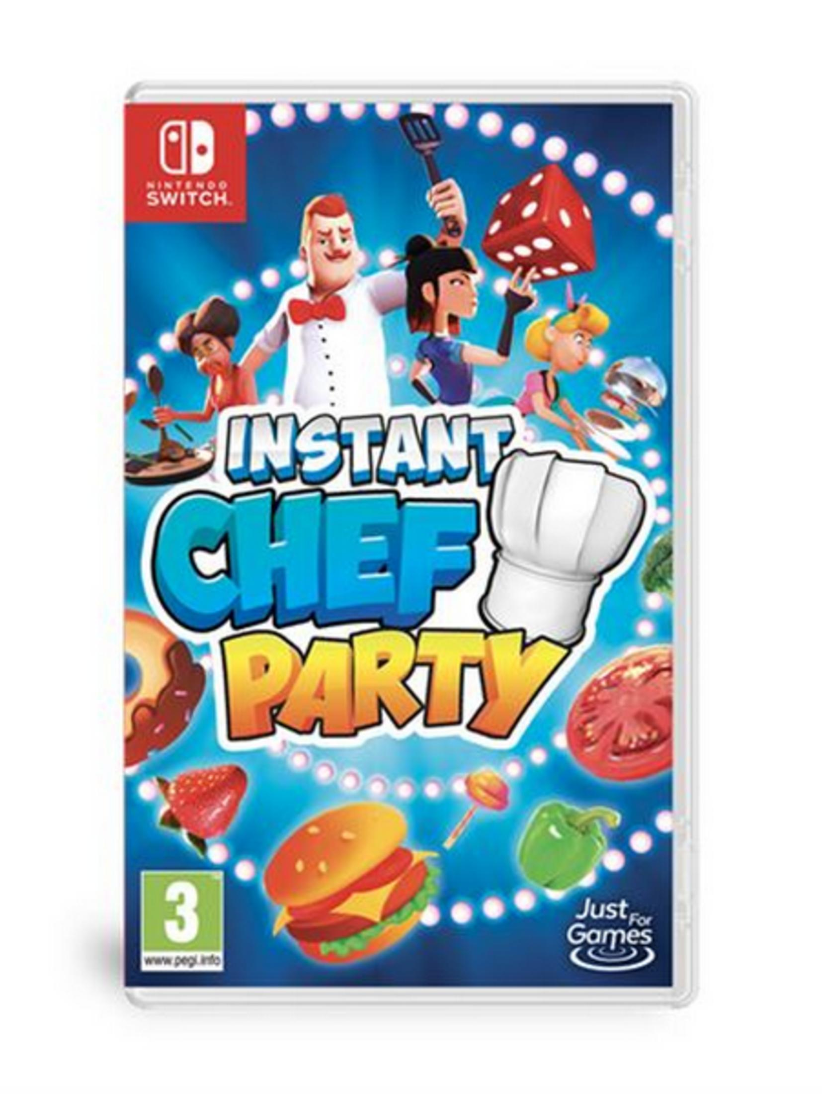Copertina gioco Nintendo Switch 'Instant Chef Party' con personaggi e cibo.