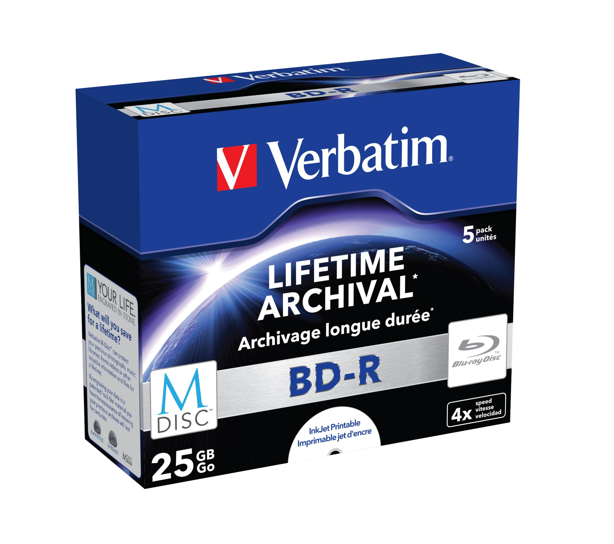 Verbatim BD-R confezione da 5: 25 GB, archiviazione a vita, stampabile InkJet.