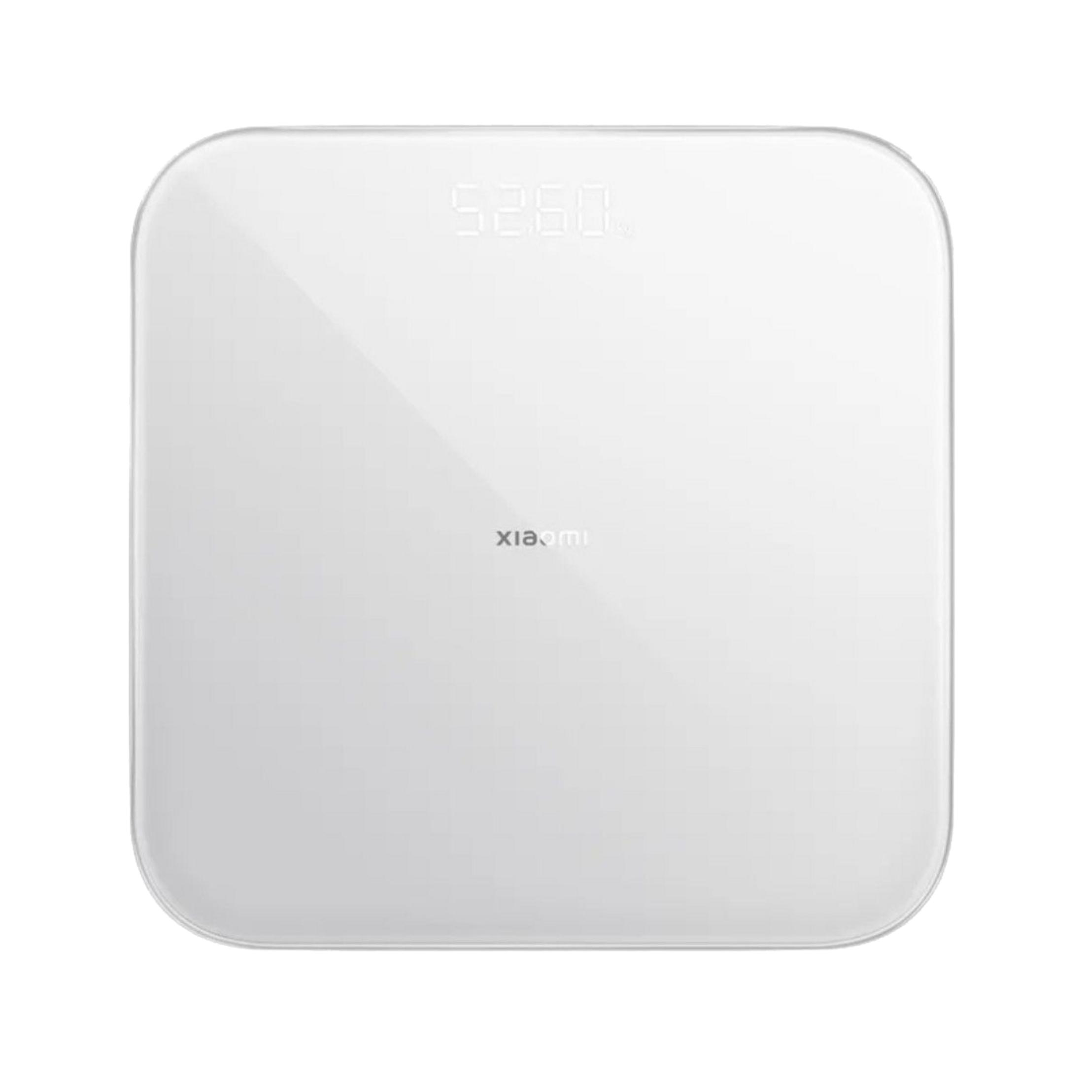 Weiße Xiaomi-Körperwaage mit digitaler Anzeige und abgerundeten Ecken.