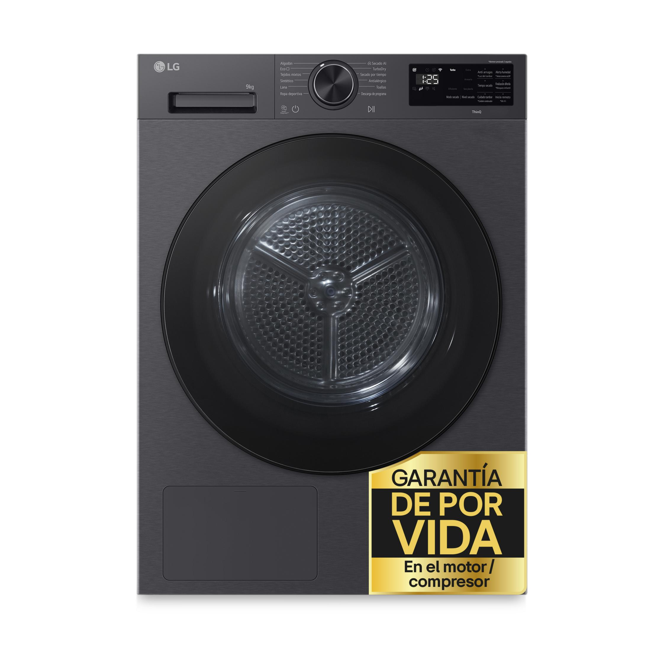 Secadora LG negra con panel de control, puerta redonda y etiqueta de garantía.