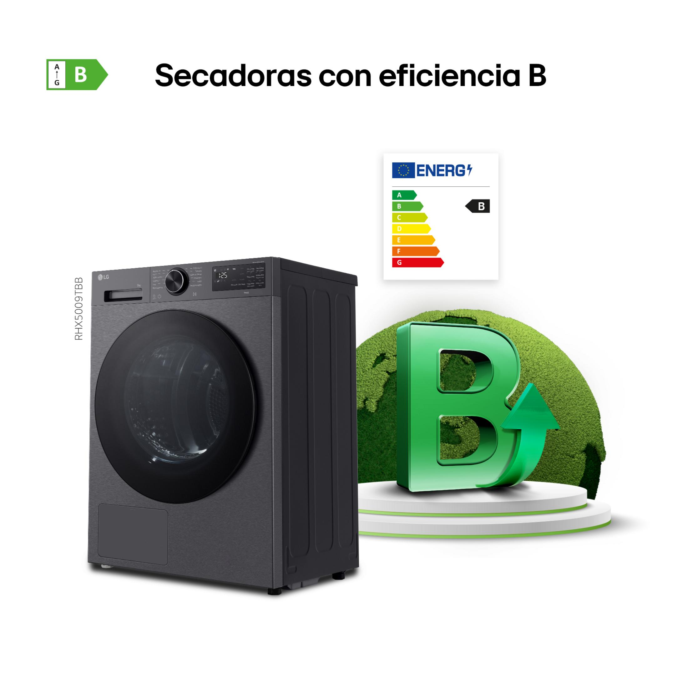 Una lavadora LG gris con eficiencia energética B, junto a un globo terráqueo verde.