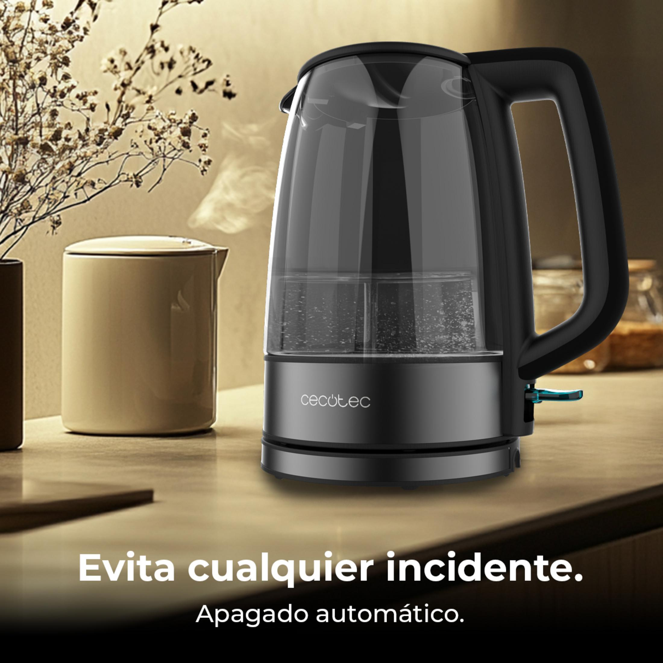 Black glass kettle steaming. A beige jug is next to it. Text: Avoid accidents. Auto shut-off.