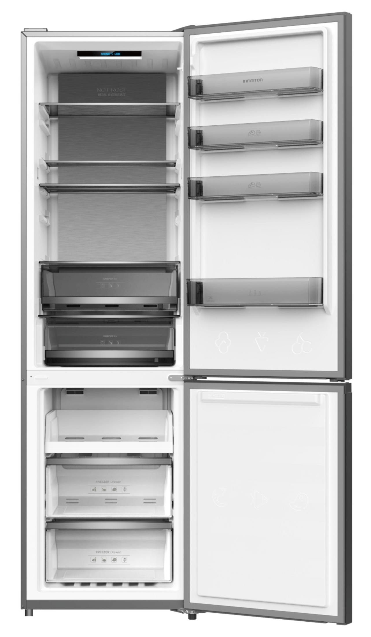 Un refrigerador abierto con múltiples estantes y cajones, iluminado en la parte superior.
