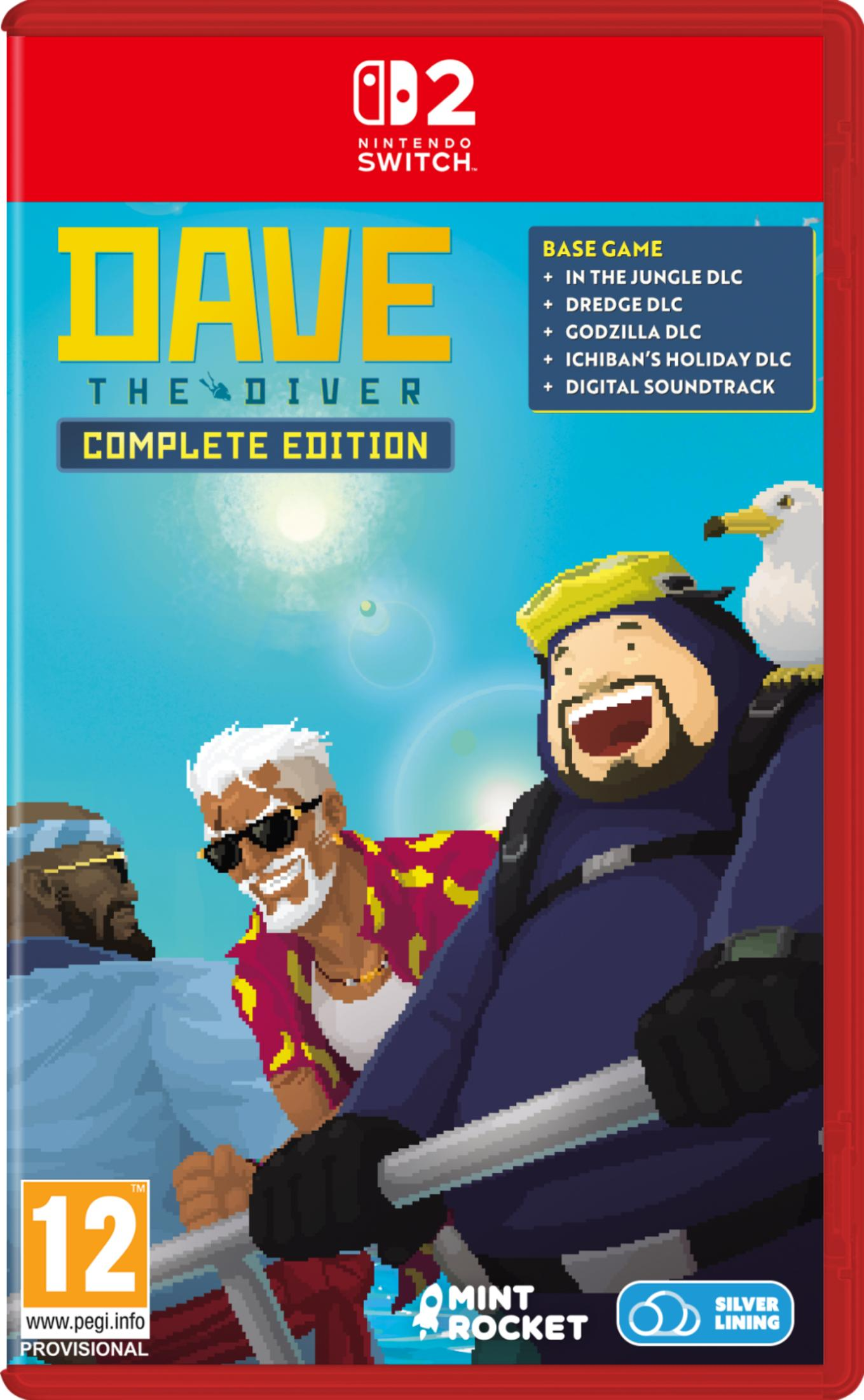 Caja del juego Nintendo Switch con personajes pixel art: Dave, un buzo, un hombre con gafas de sol y una gaviota.