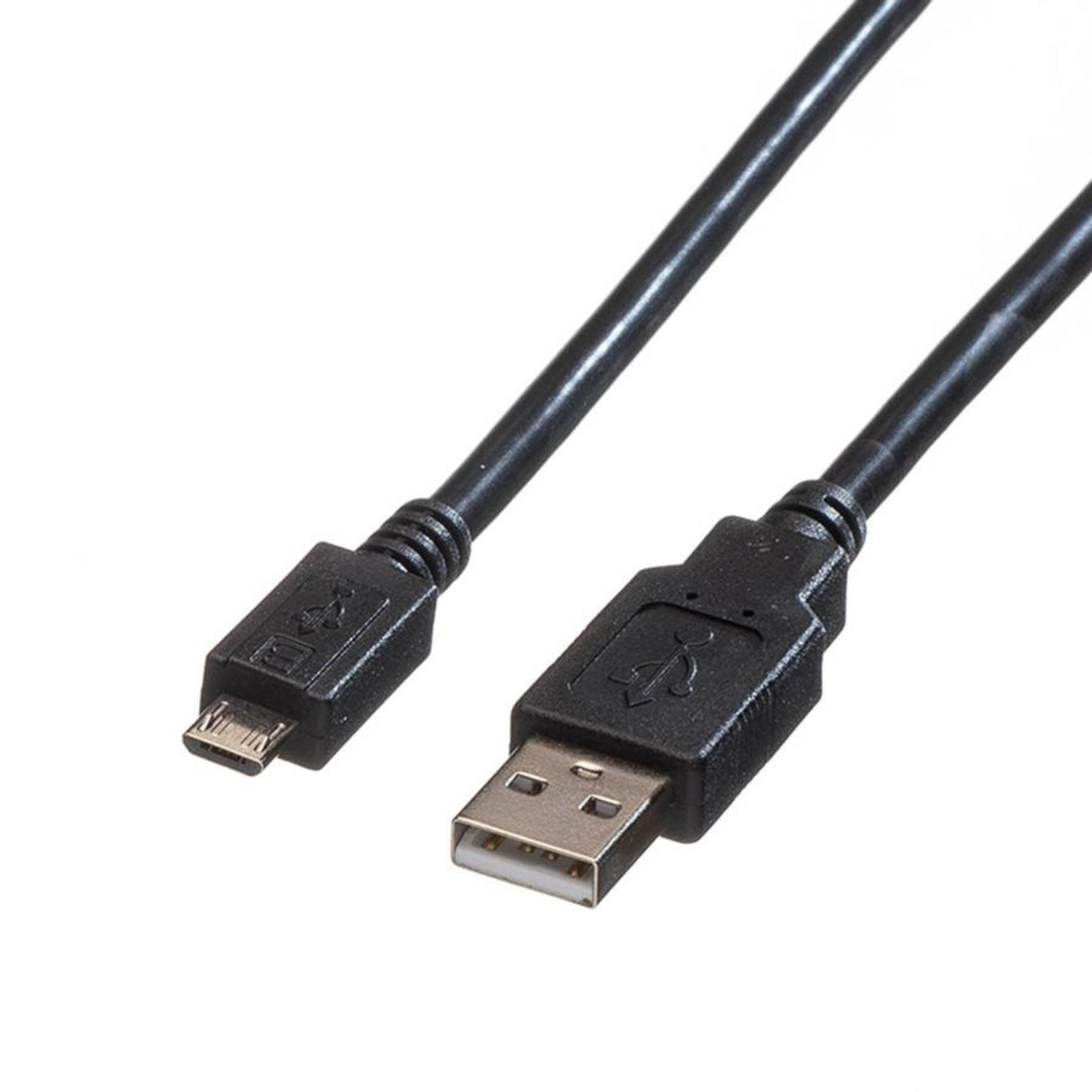 Un cavo USB nero con connettori USB-A standard e Micro-USB.