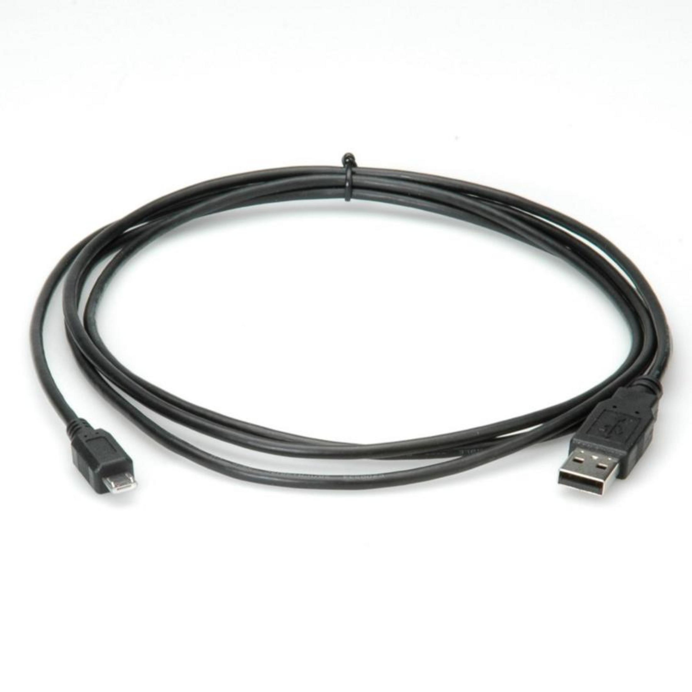 Un cavo USB nero con un connettore USB-A standard e un connettore micro USB.