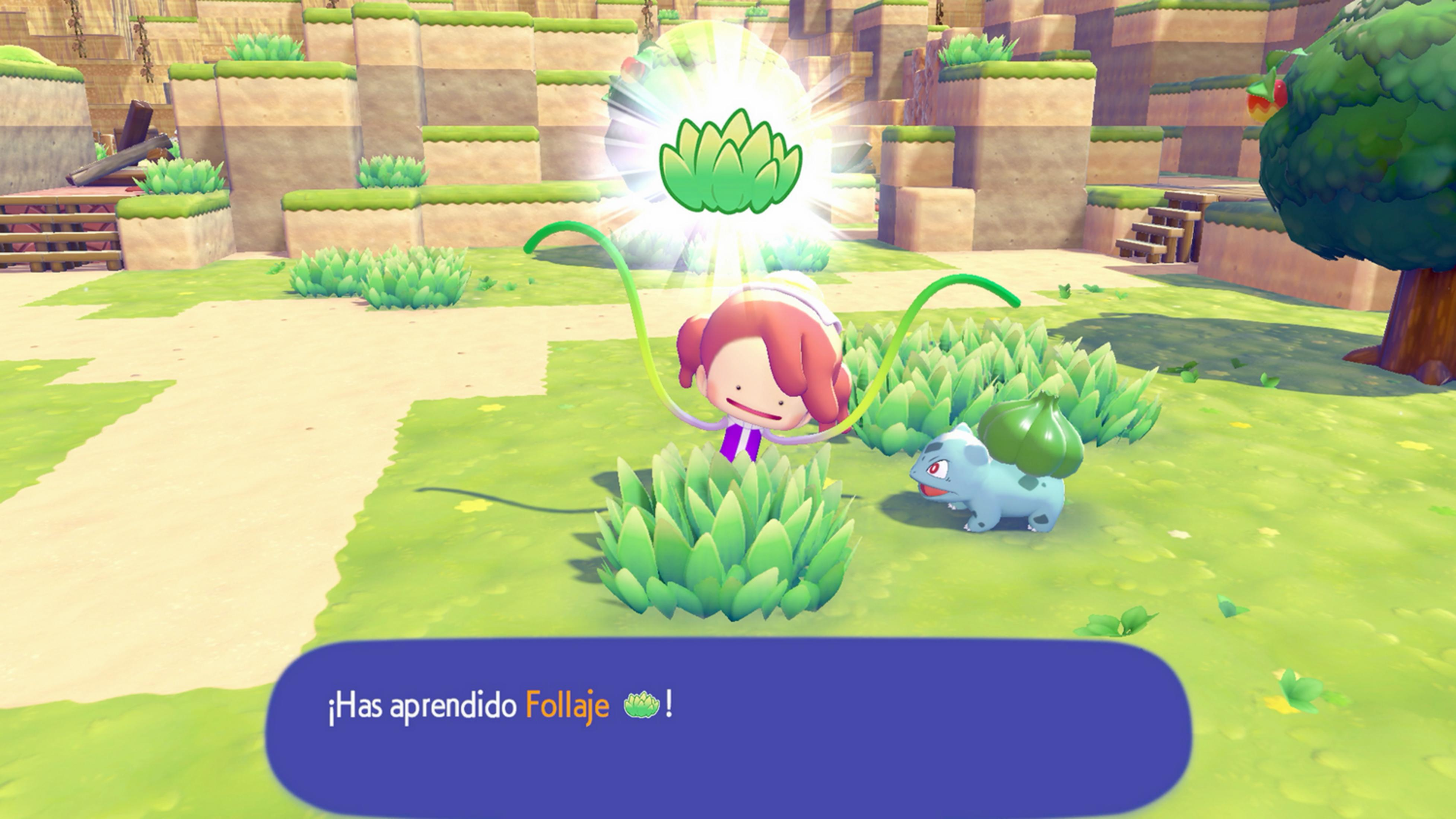 Un personaggio viola e Bulbasaur imparano 'Fogliame'.