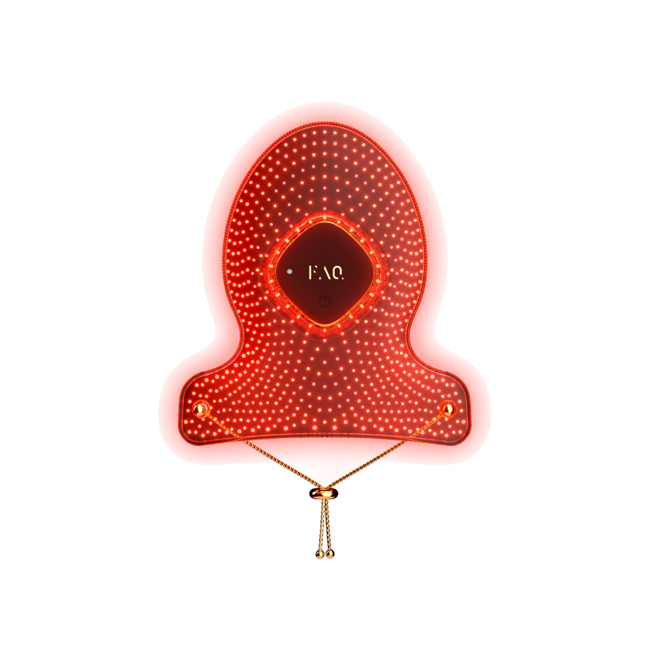 Kırmızı LED maske, "FAQ" logosu ve büzgü ipliği kapamalı.