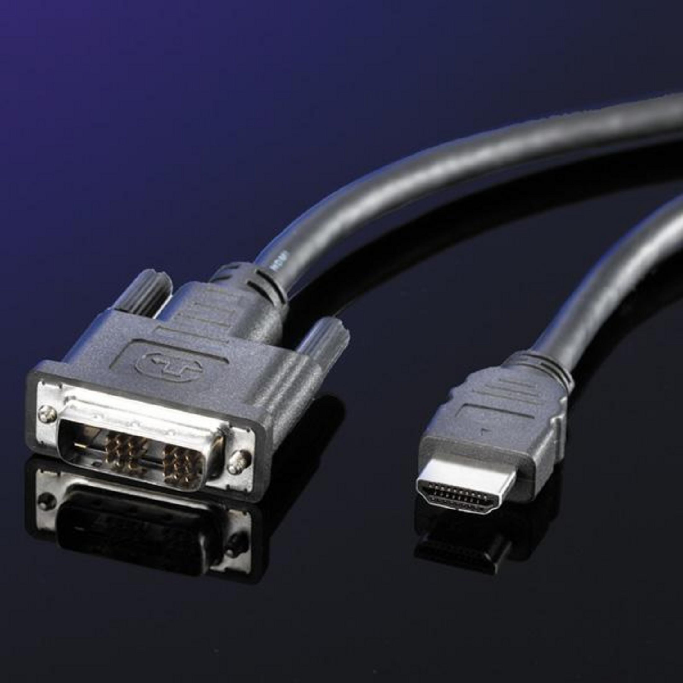 Ein DVI-zu-HDMI-Adapterkabel mit schwarzen Anschlüssen auf dunklem Hintergrund.