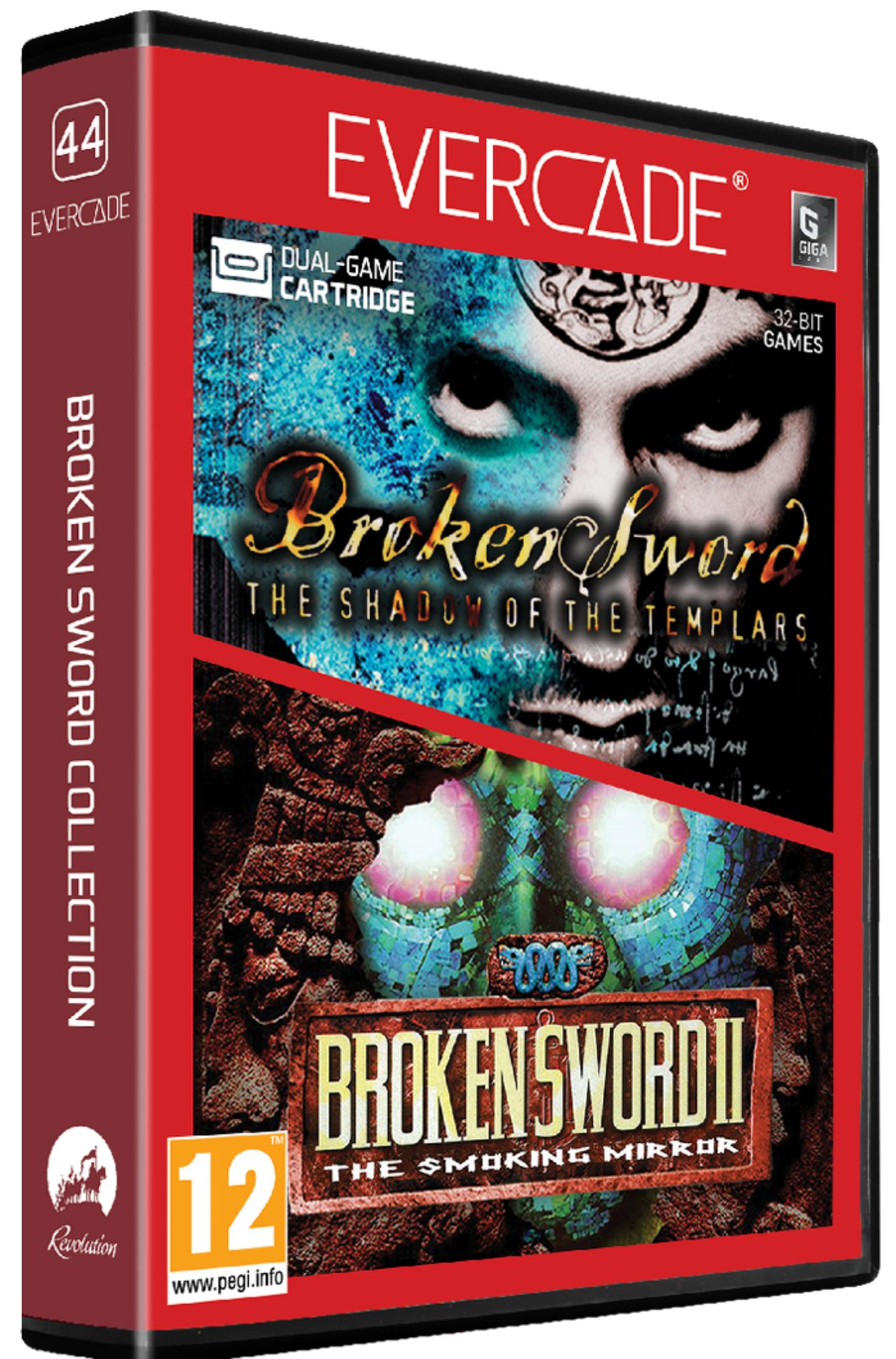 Custodia gioco Evercade: Broken Sword 1 e 2. Presenta un collage di arte del gioco.