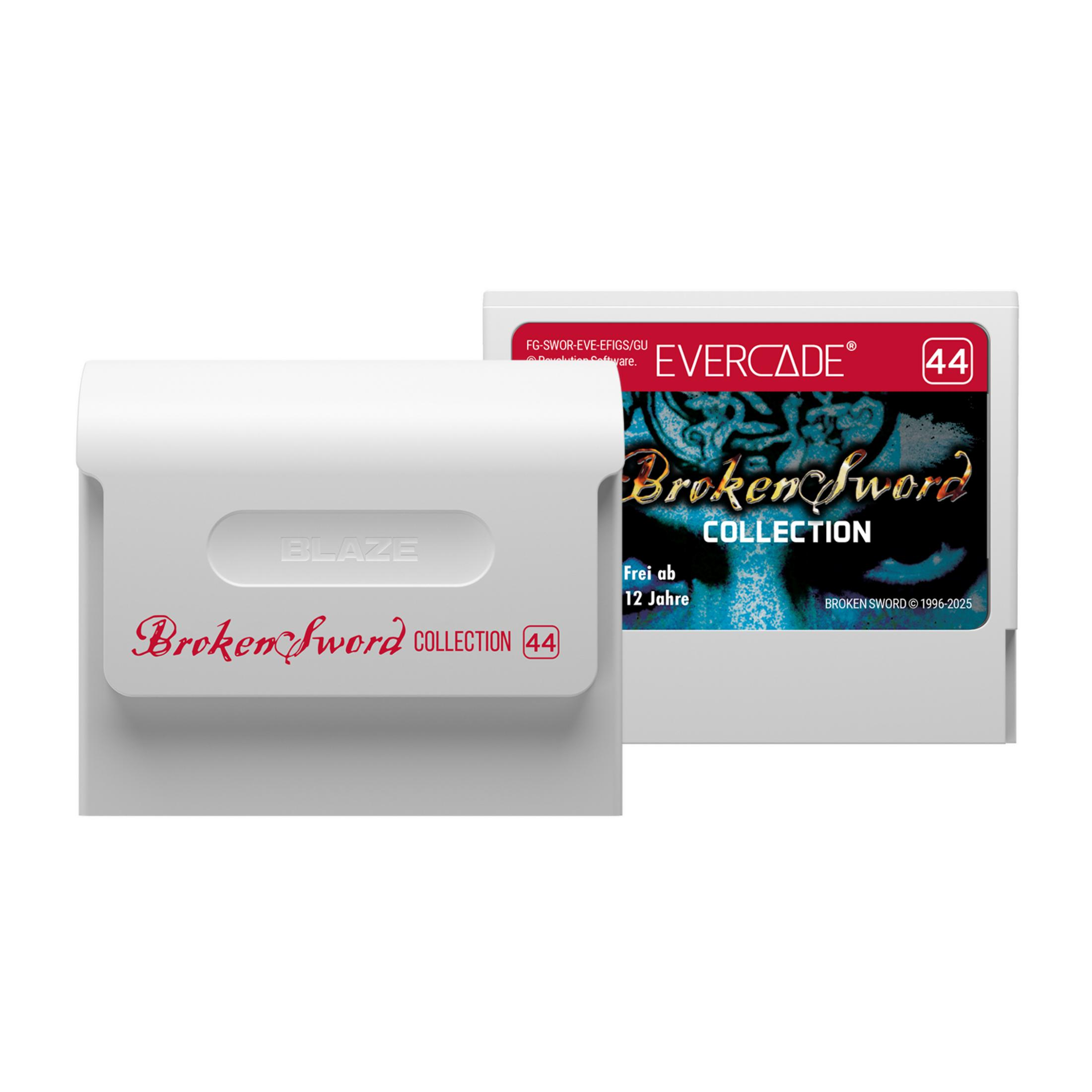 Due cartucce di gioco bianche per Evercade, una con etichetta "Broken Sword Collection".