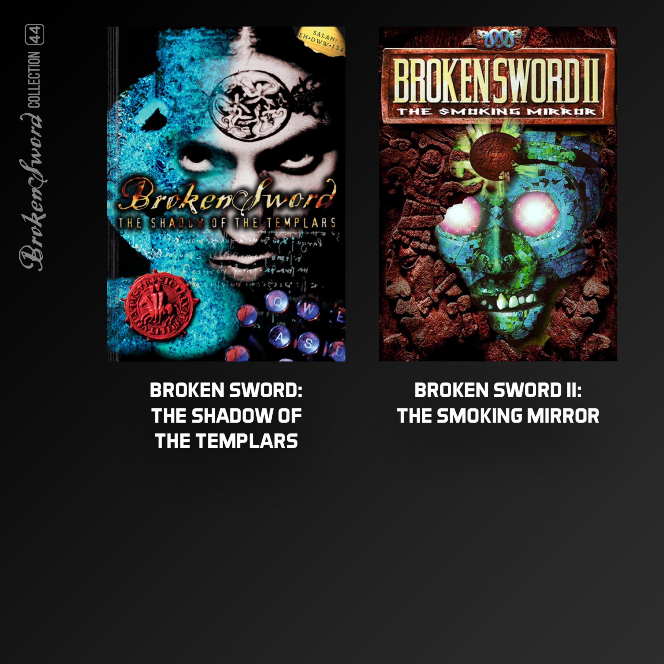 Due copertine "Broken Sword": Templare in blu e testa di specchio in rosso.