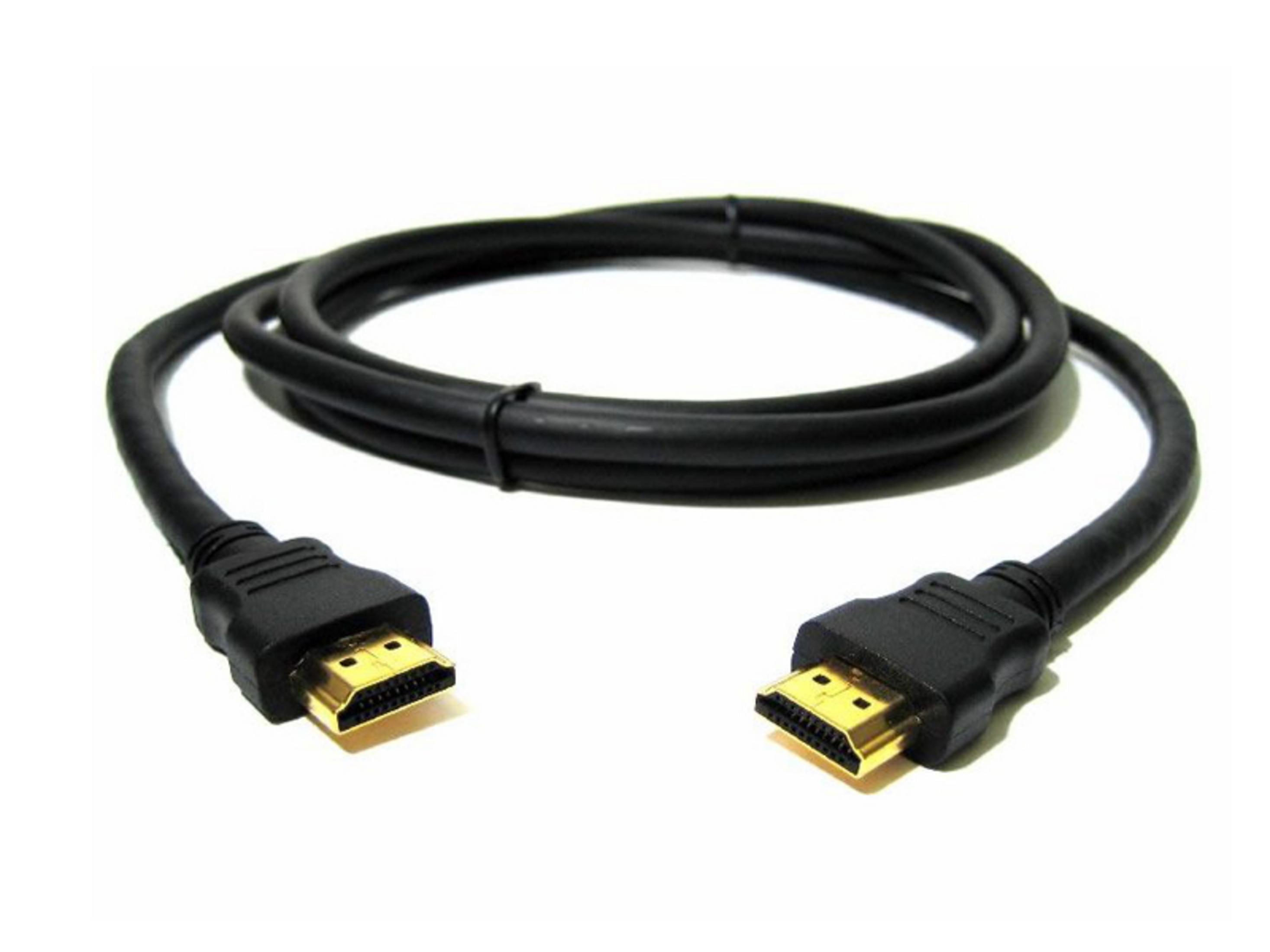 A black HDMI cable with gold connectors lies on a white background.