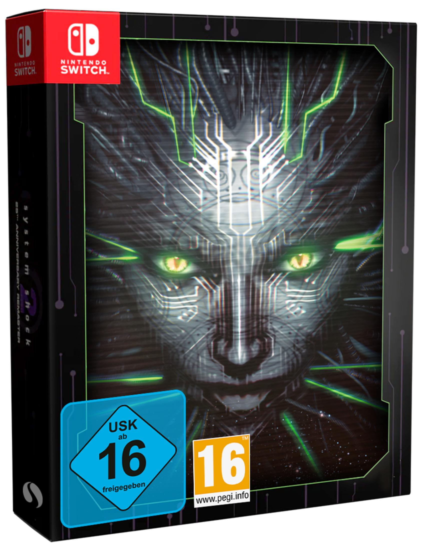 Custodia Nintendo Switch System Shock Remaster con volto robotico e classificazioni d'età.