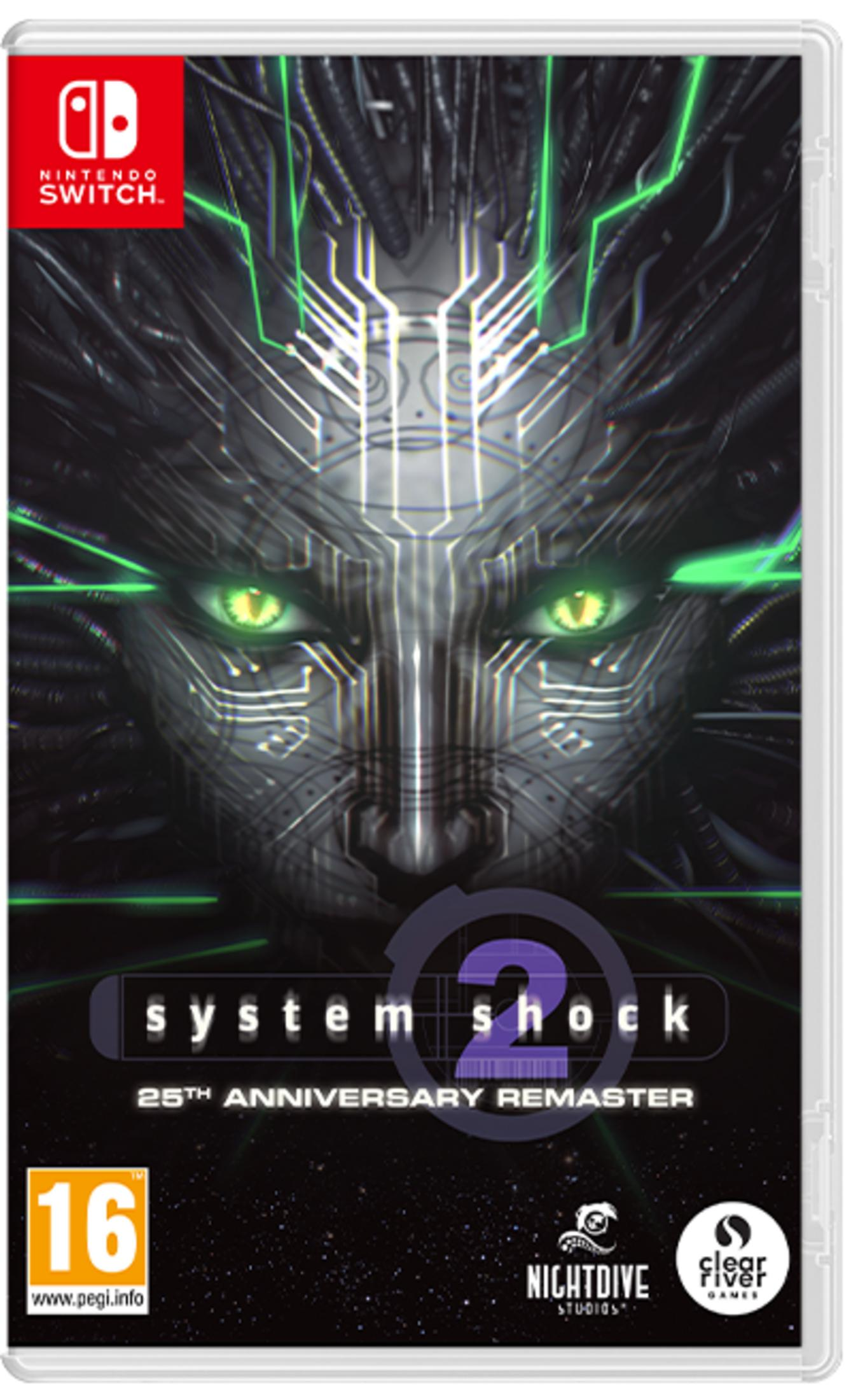 Copertina di System Shock 2 Remaster per Nintendo Switch, con volto cibernetico e occhi verdi.