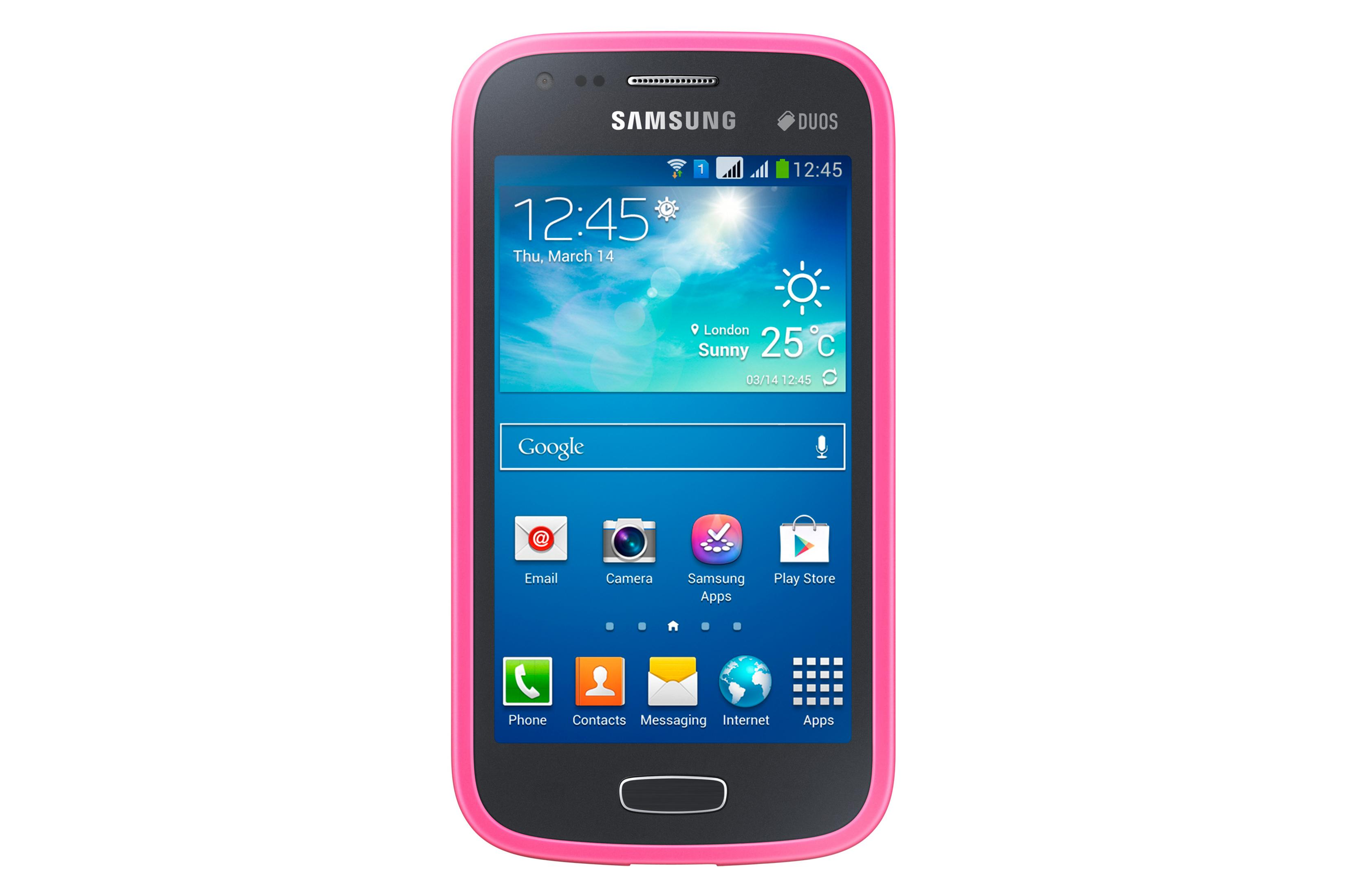 Ein pinkfarbenes Samsung Smartphone mit einem Touchscreen und Apps wie E-Mail, Kamera und Play Store.
