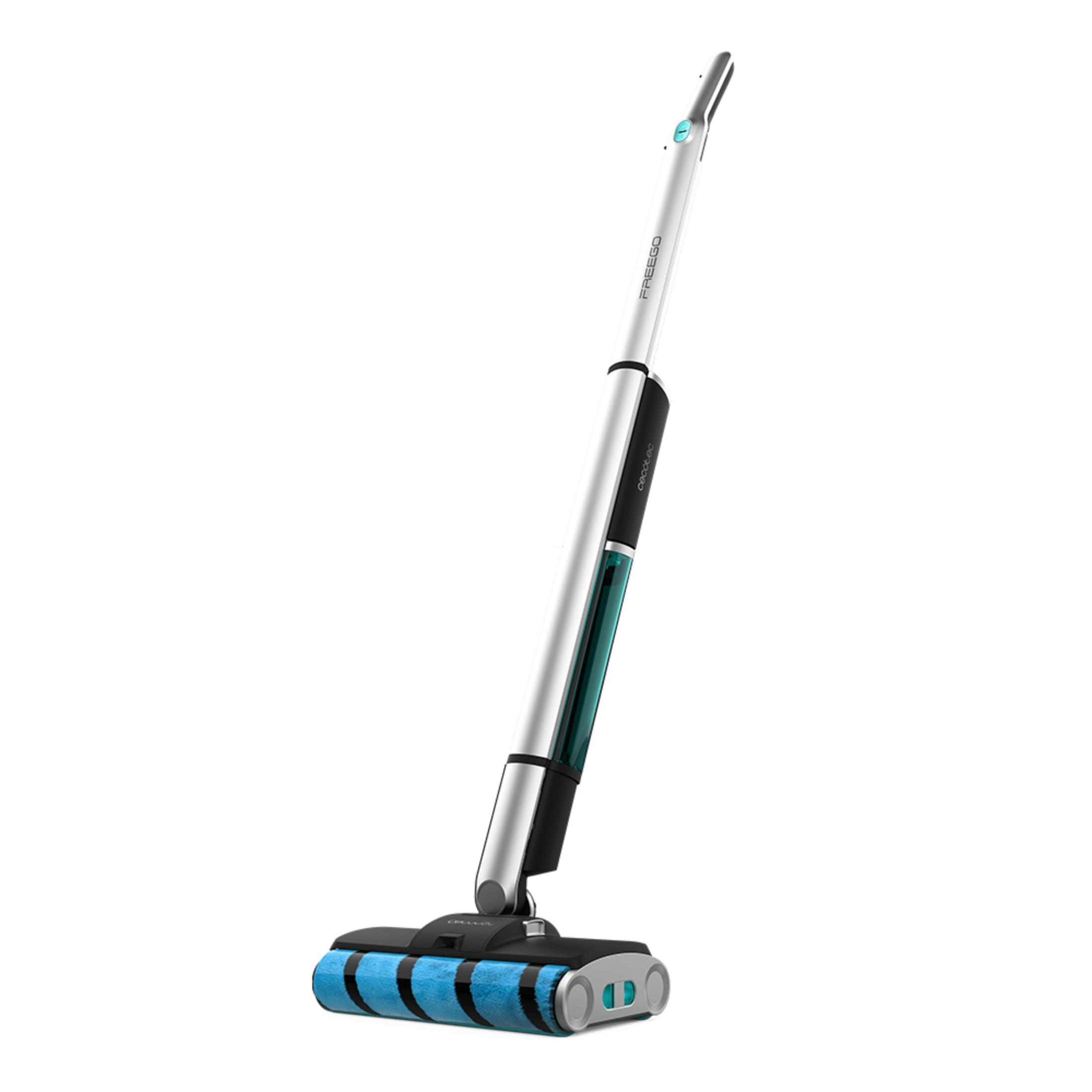 A modern, sleek white floor cleaner with a blue brush head and water tank.