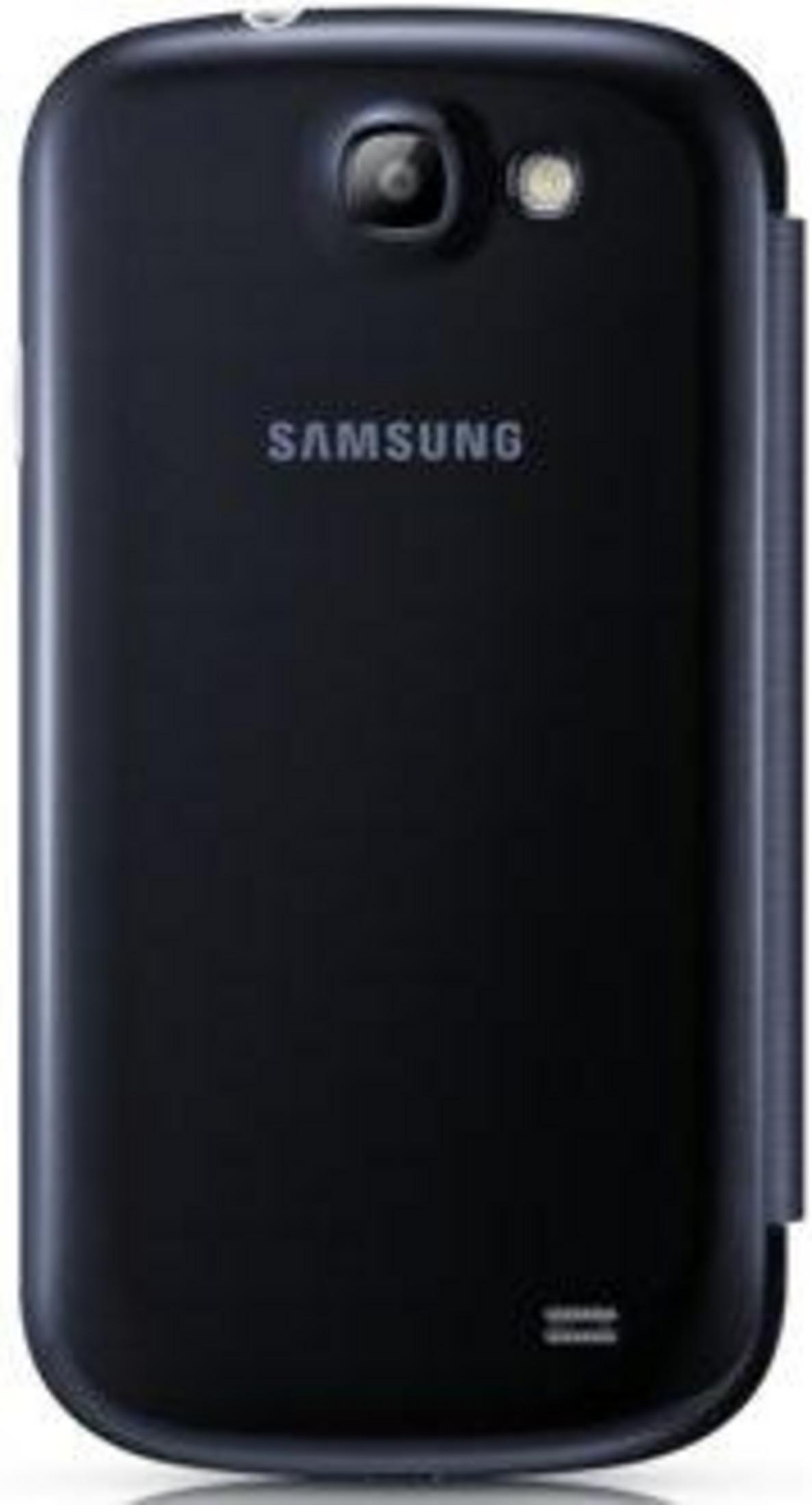 Teléfono Samsung azul oscuro por detrás, con cámara y flash.