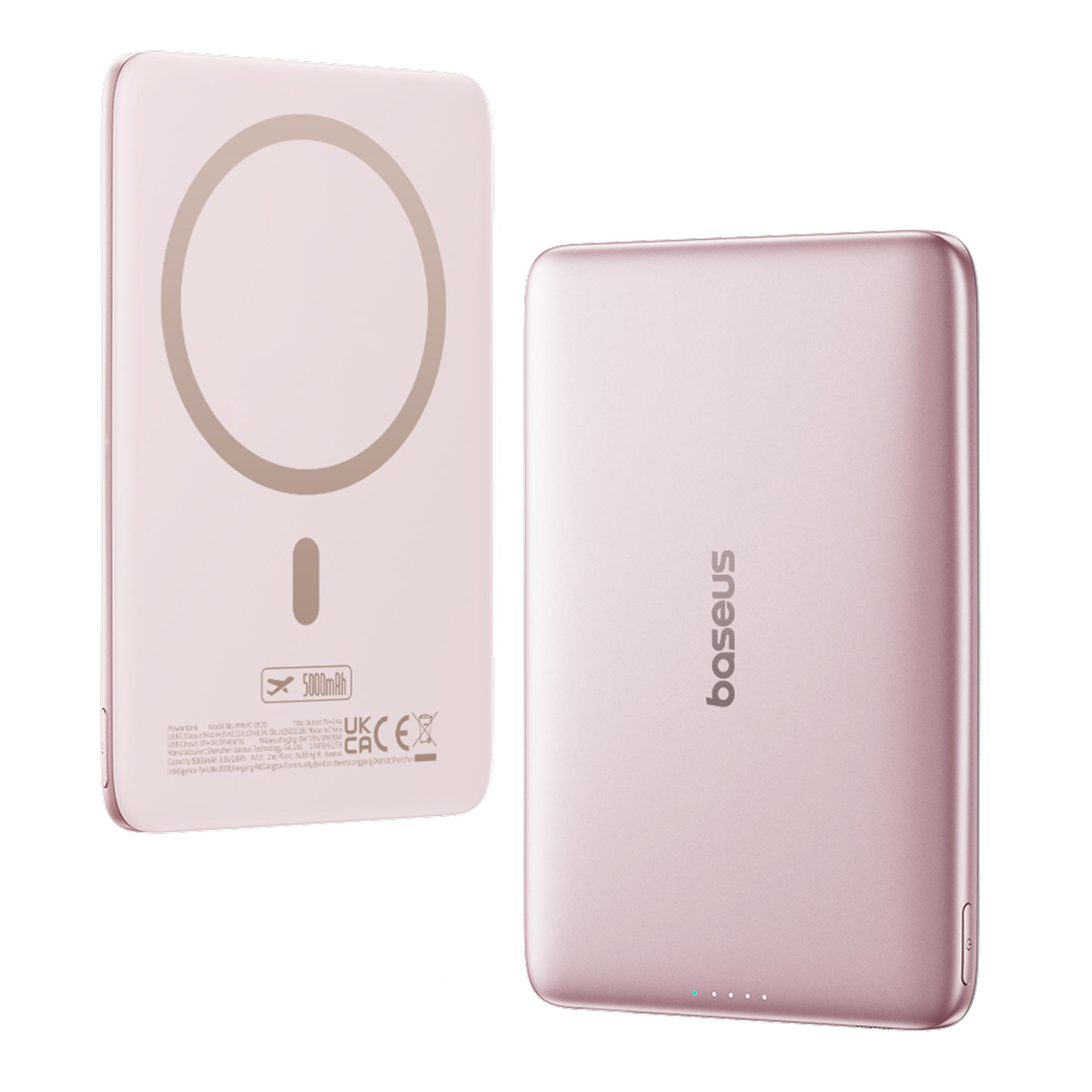 Yan yana iki pembe powerbank. Biri logolu ve göstergeli, diğeri özellikli.