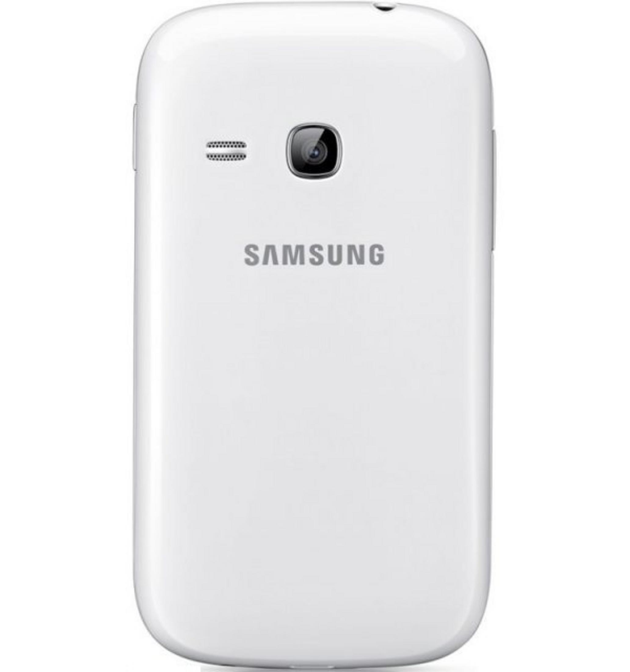 Parte trasera de un teléfono Samsung blanco con cámara y rejilla de altavoz.