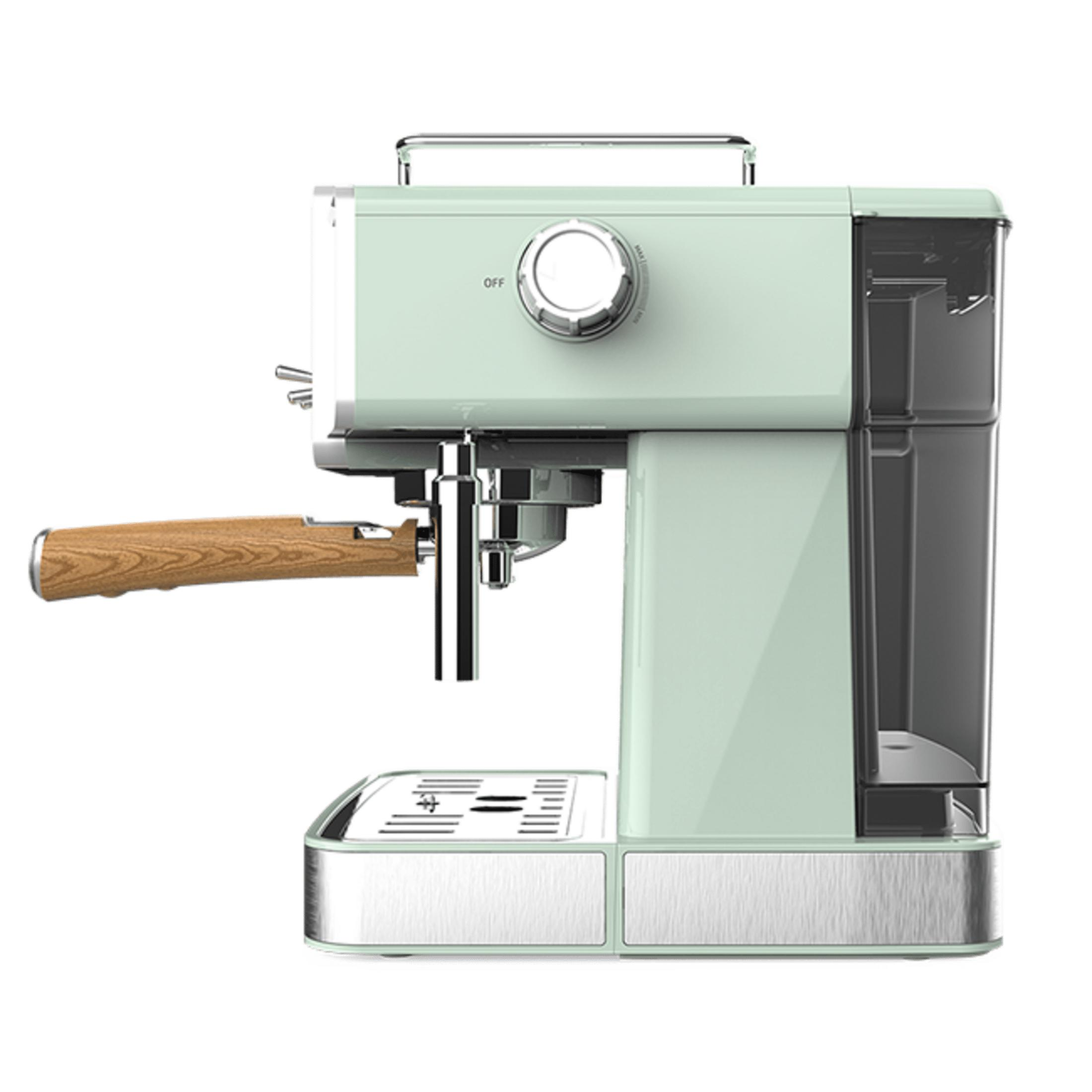 Una macchina da caffè espresso verde chiaro con manico in legno, serbatoio acqua e vaschetta.