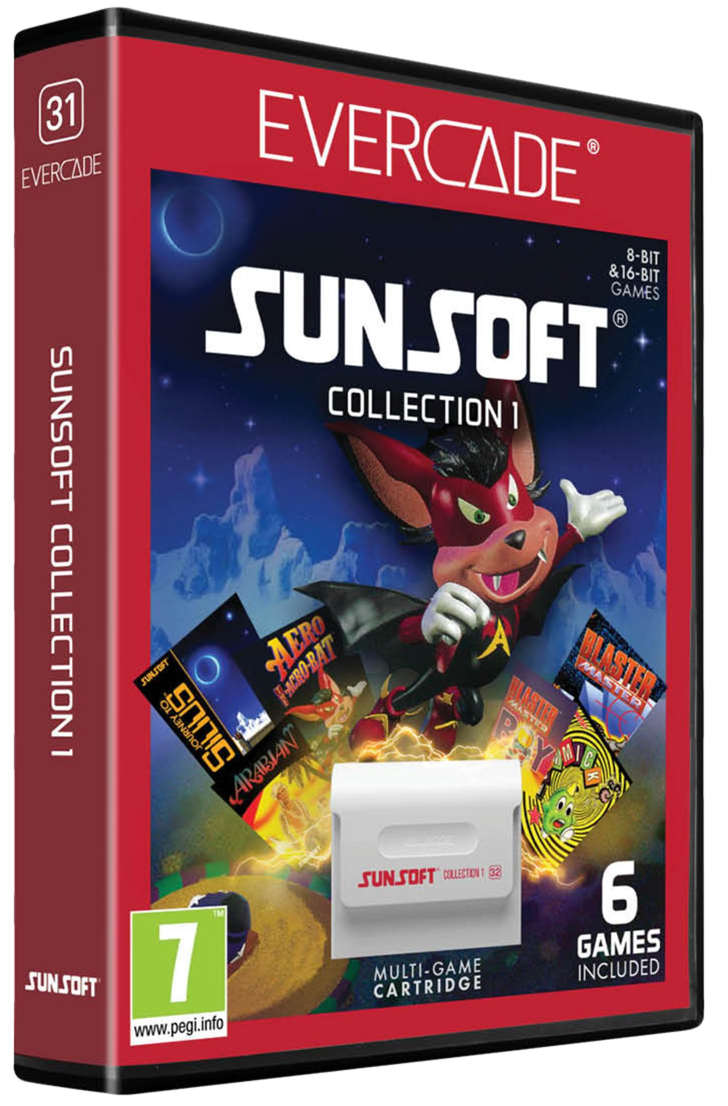 Custodia gioco Evercade con Sunsoft Collection 1, un personaggio e copertine.
