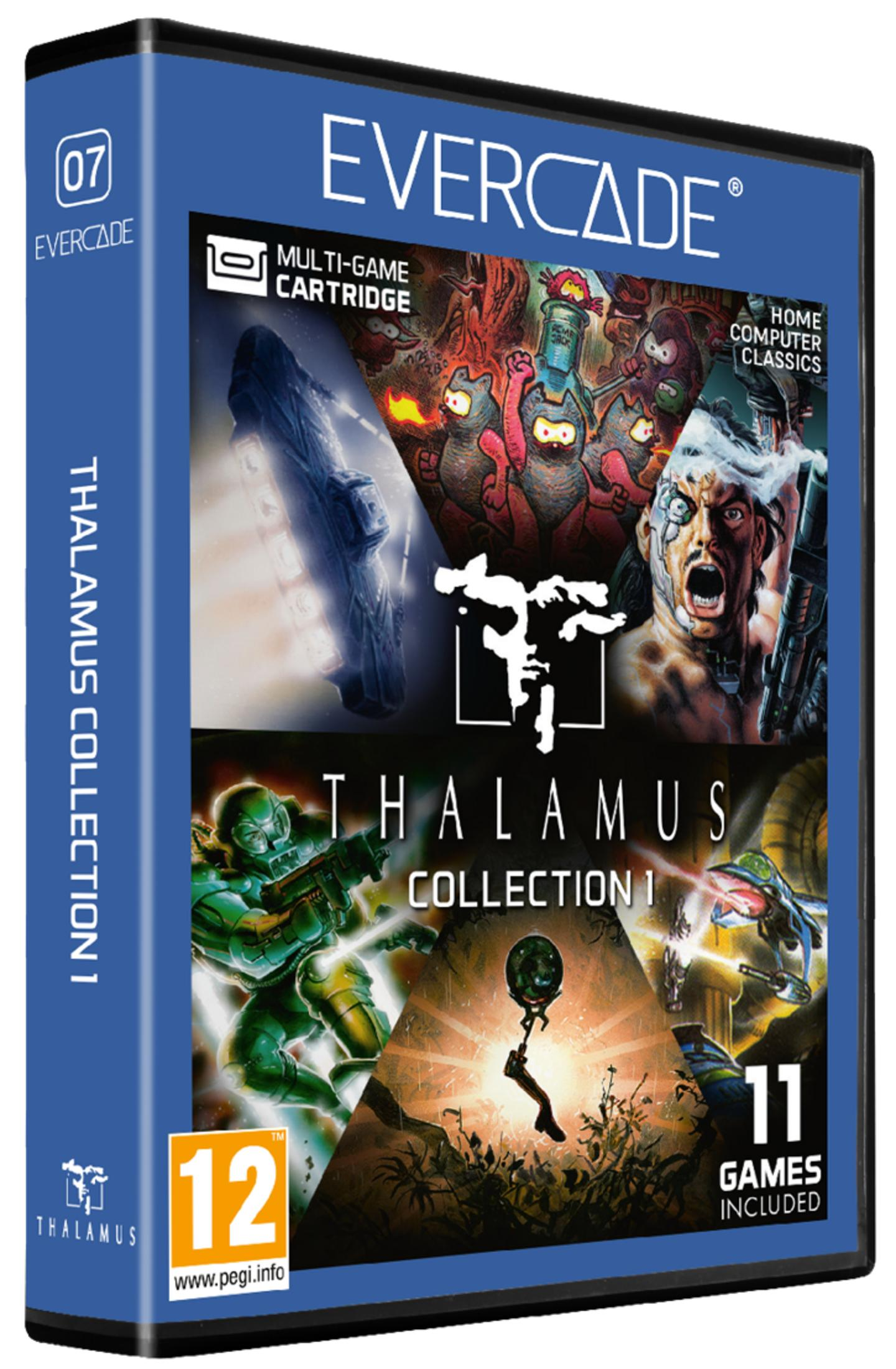 Custodia Evercade con "Thalamus Collection 1" e 11 giochi.