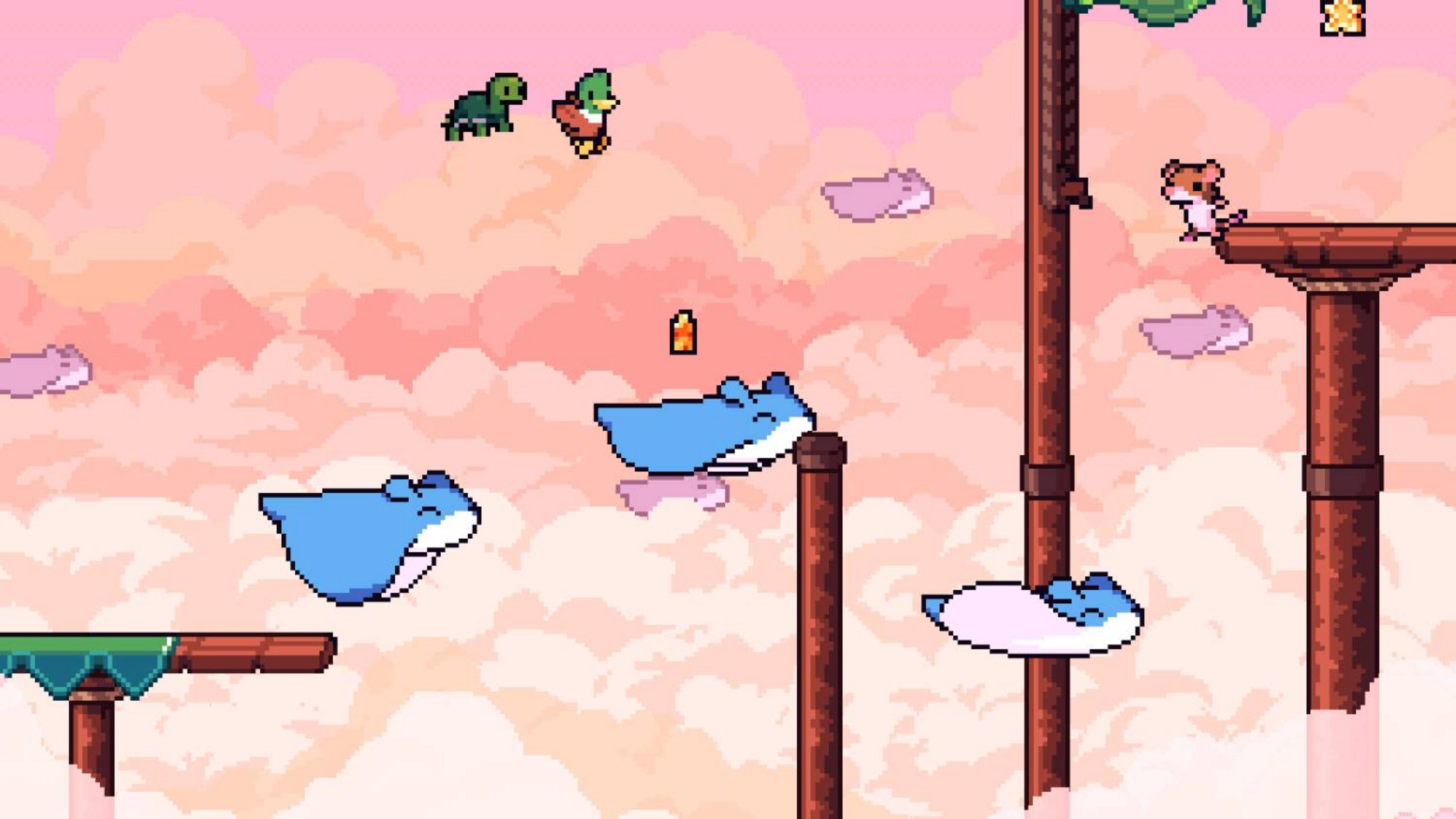 Gioco platform pixel con creature blu, criceti, tartaruga e anatra nel cielo.