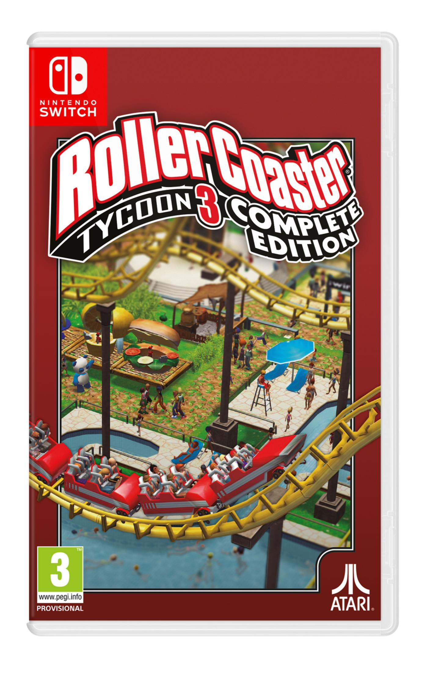 Copertina Nintendo Switch: RollerCoaster Tycoon 3, con ottovolante e parco.