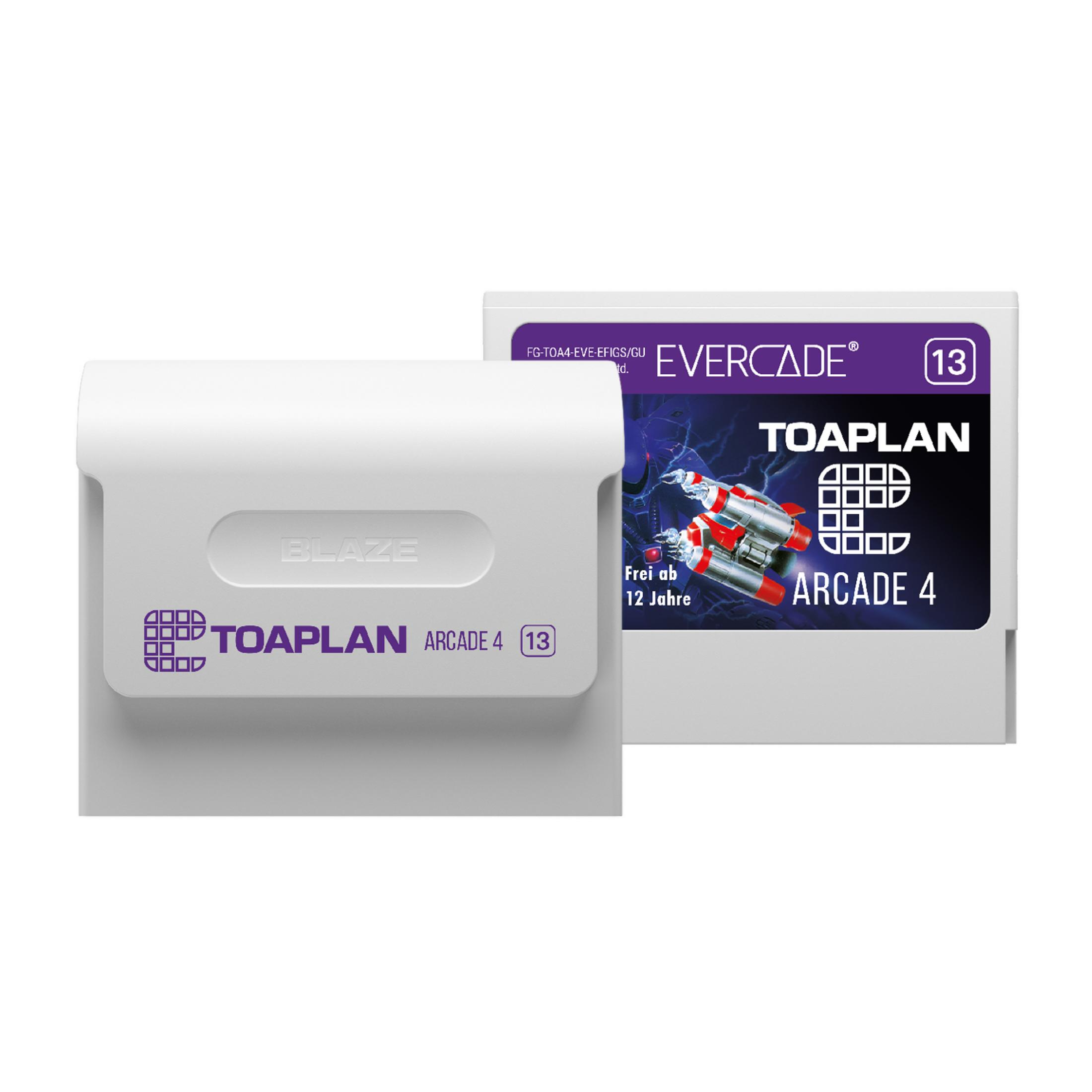 Due cartucce da gioco Evercade, una bianca, una con logo Toaplan Arcade 4 e astronave.