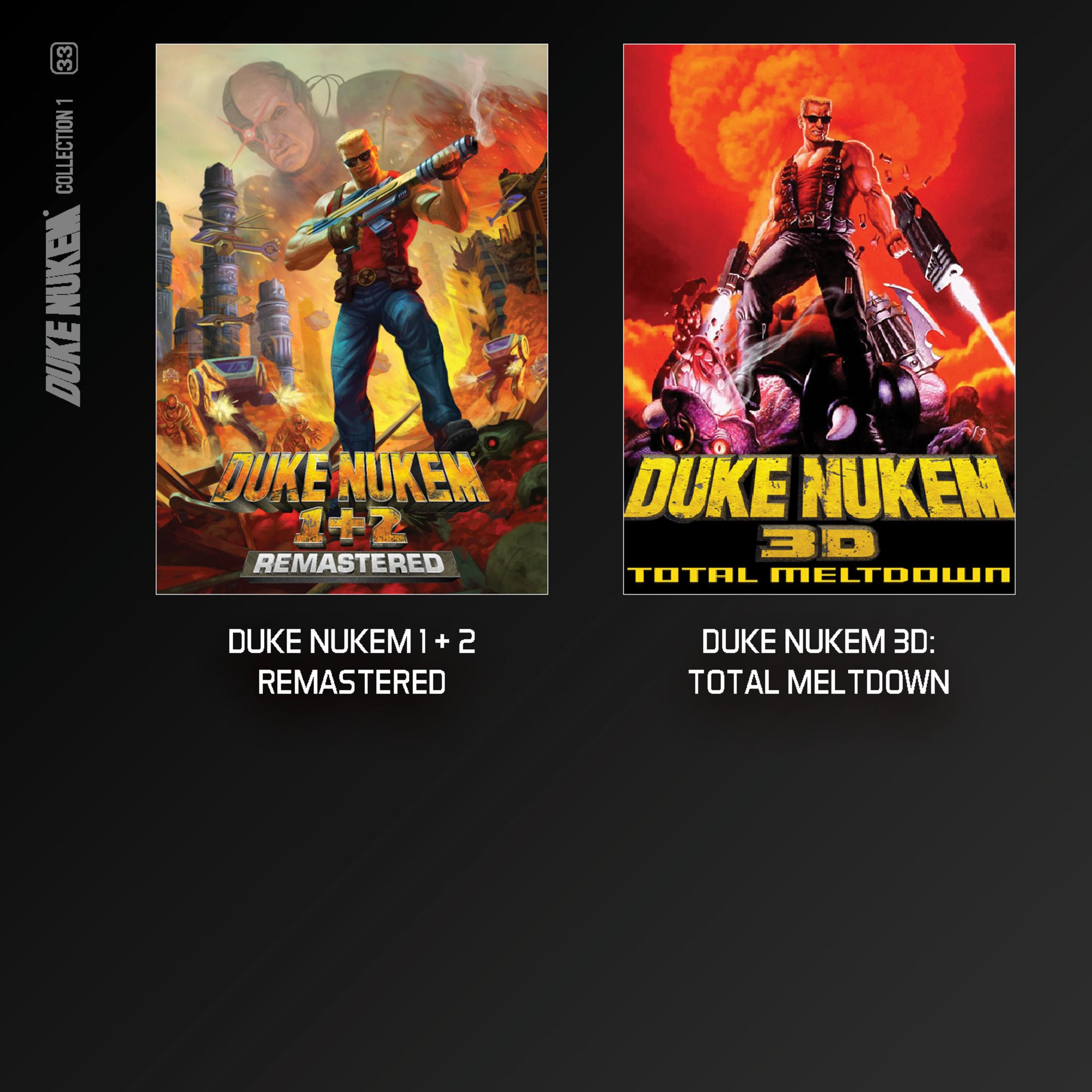 Portada Duke Nukem 1+2 Remastered: Duke con arma, explosiones y edificios al fondo.