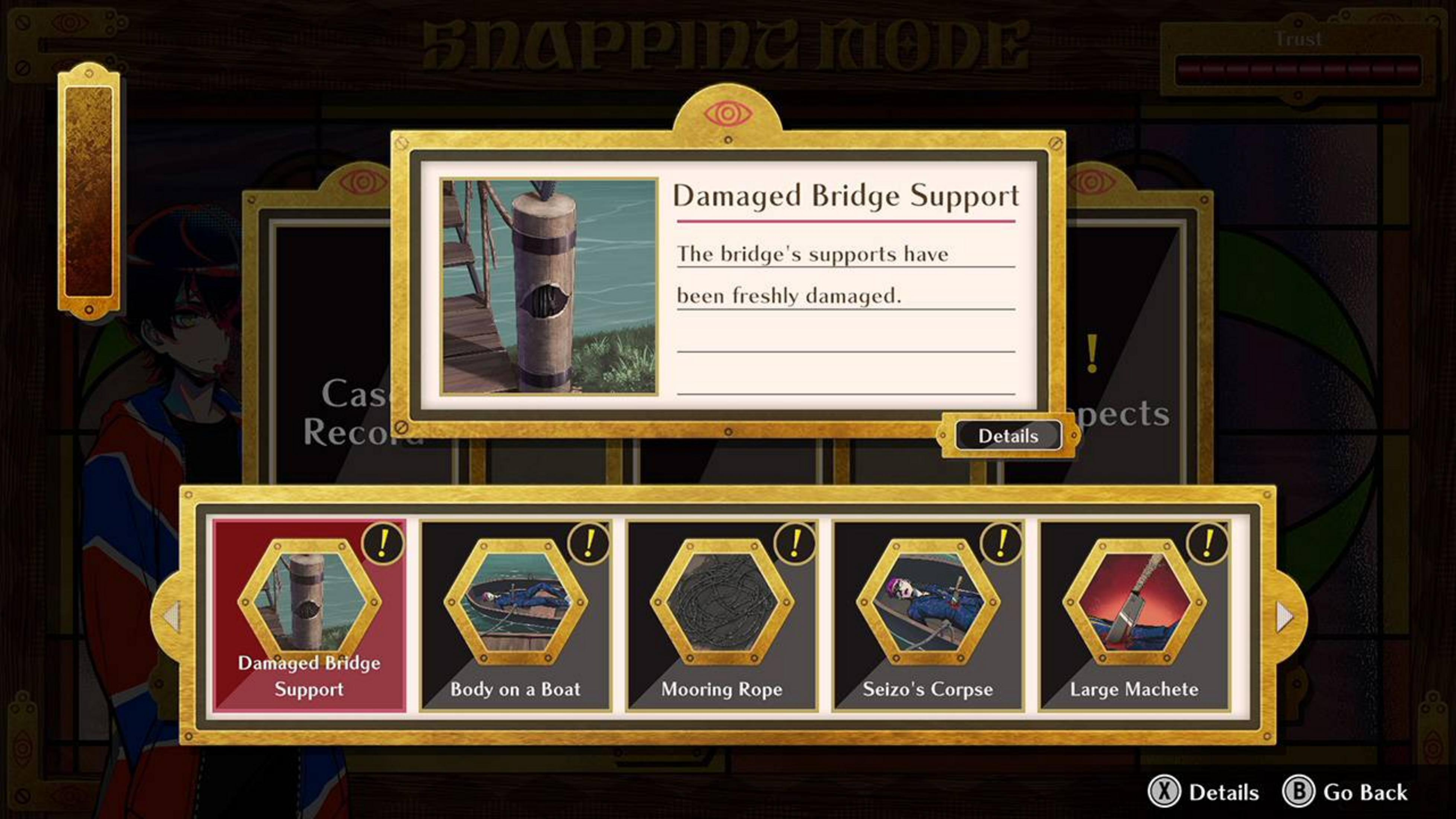 Menu di gioco che mostra indizi: supporti del ponte danneggiati, corpo su una barca e armi.