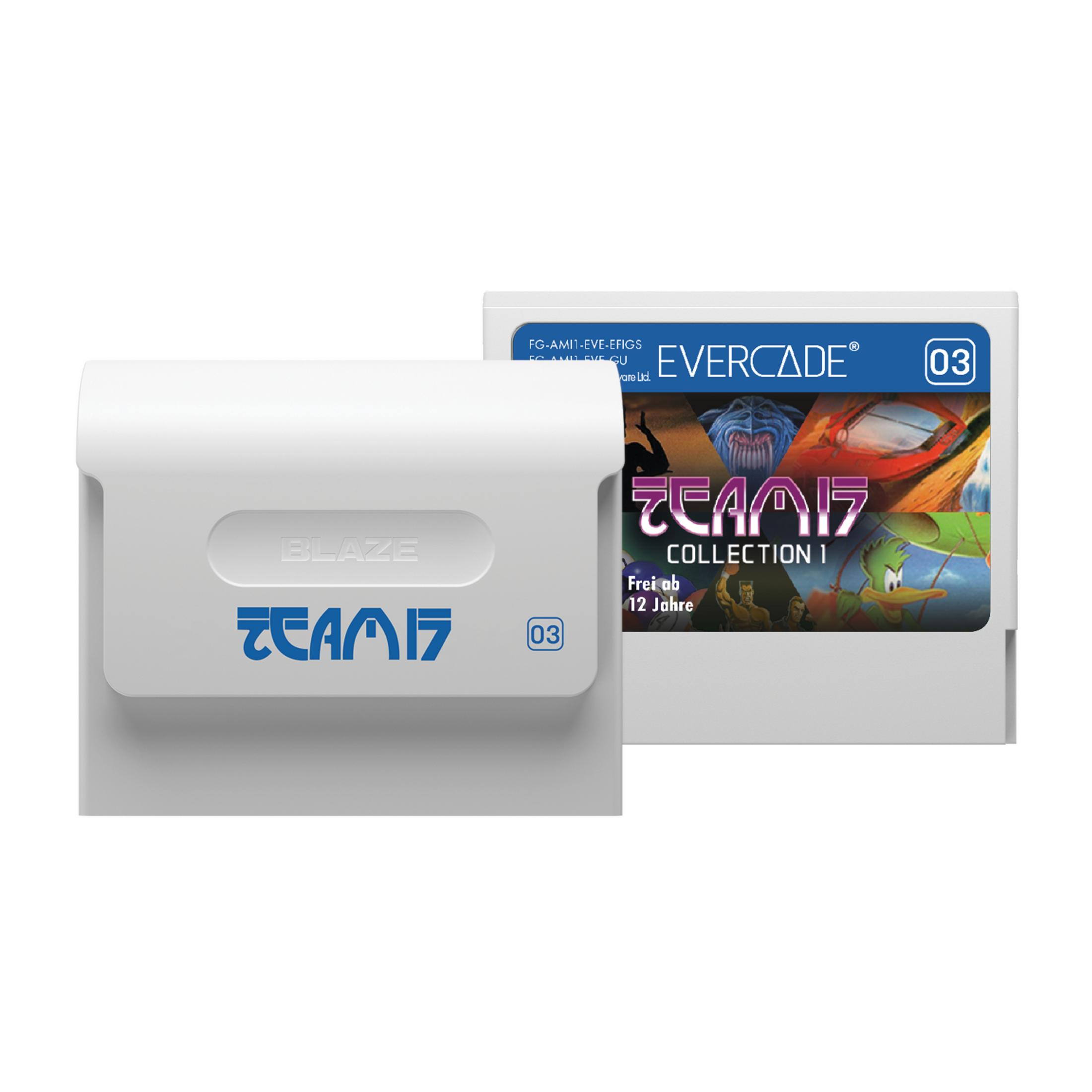 Dwa białe kartridże do gier, jeden z etykietą 'Blaze Team 17', drugi 'Evercade Collection 1'.