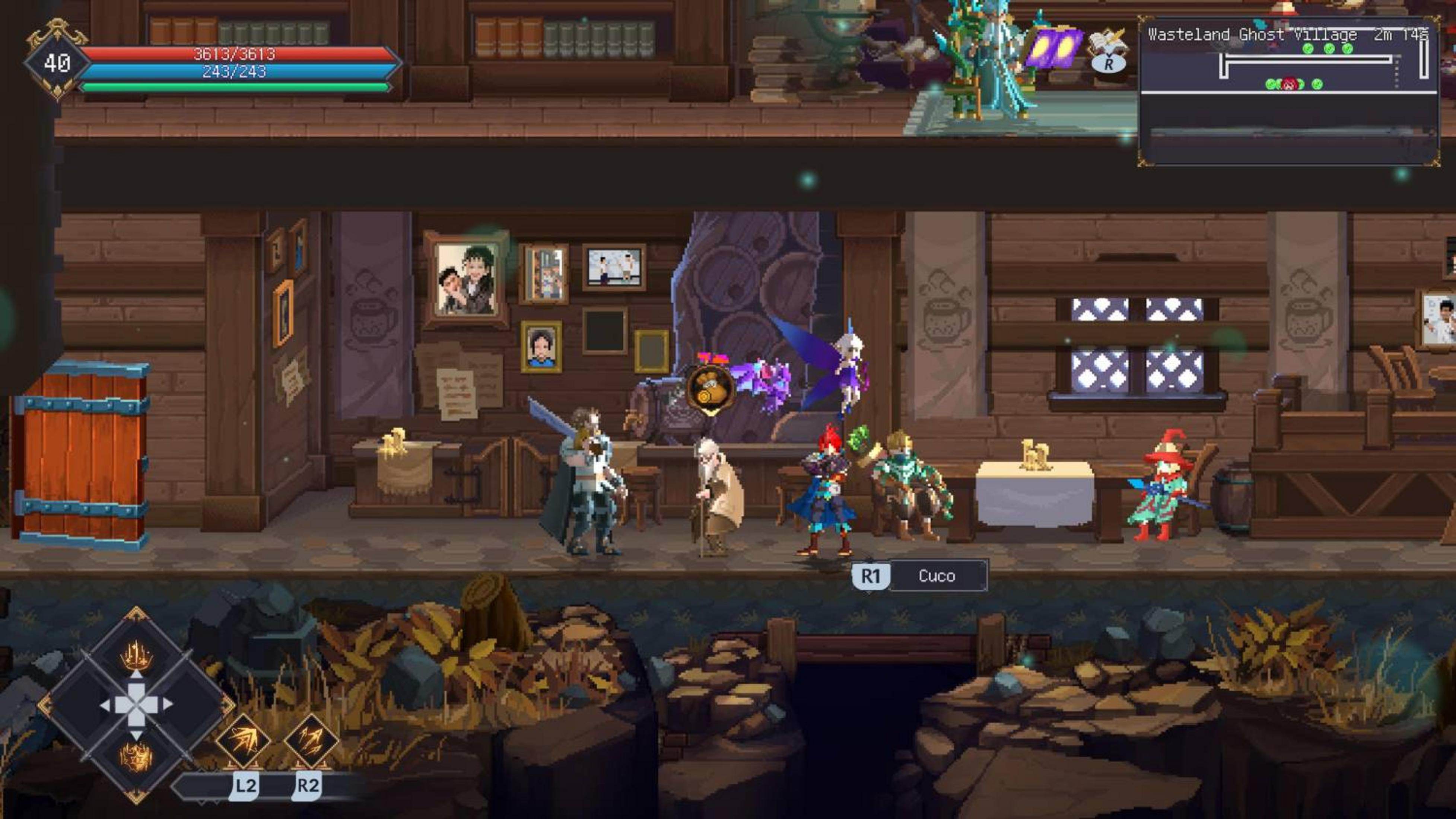 Scena pixel art con personaggi ed edifici. Un personaggio ha le ali.