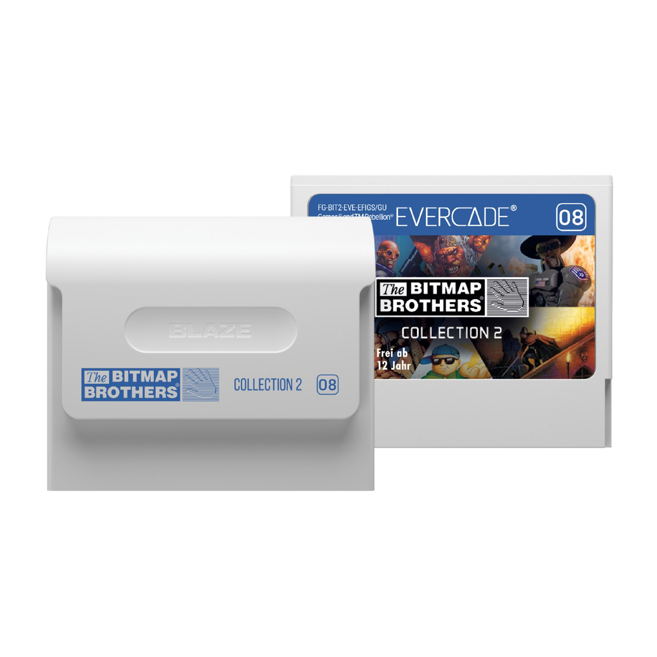 Dos cartuchos de juego blancos con el logo "The Bitmap Brothers".