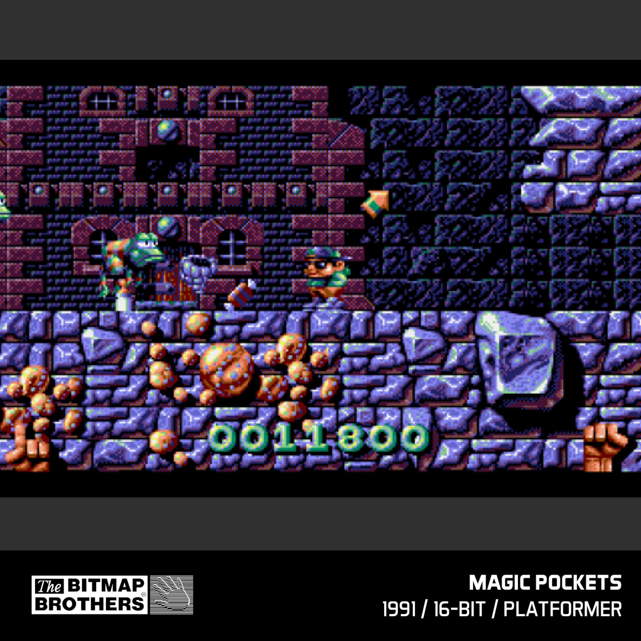 Una pantalla de videojuego 2D que muestra una criatura verde y un hombre con sombrero verde.