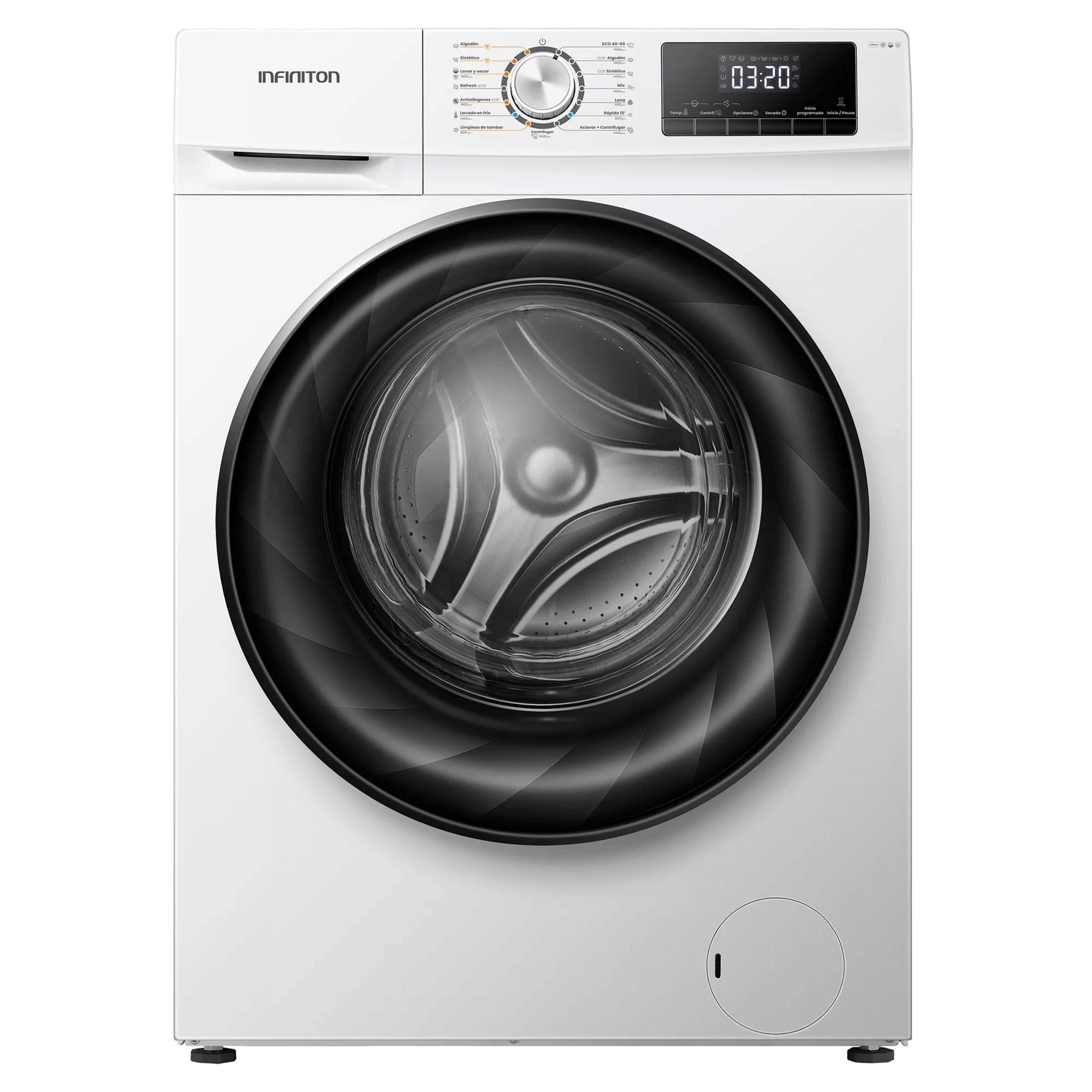 Una lavadora blanca con borde negro alrededor de la puerta y pantalla digital.