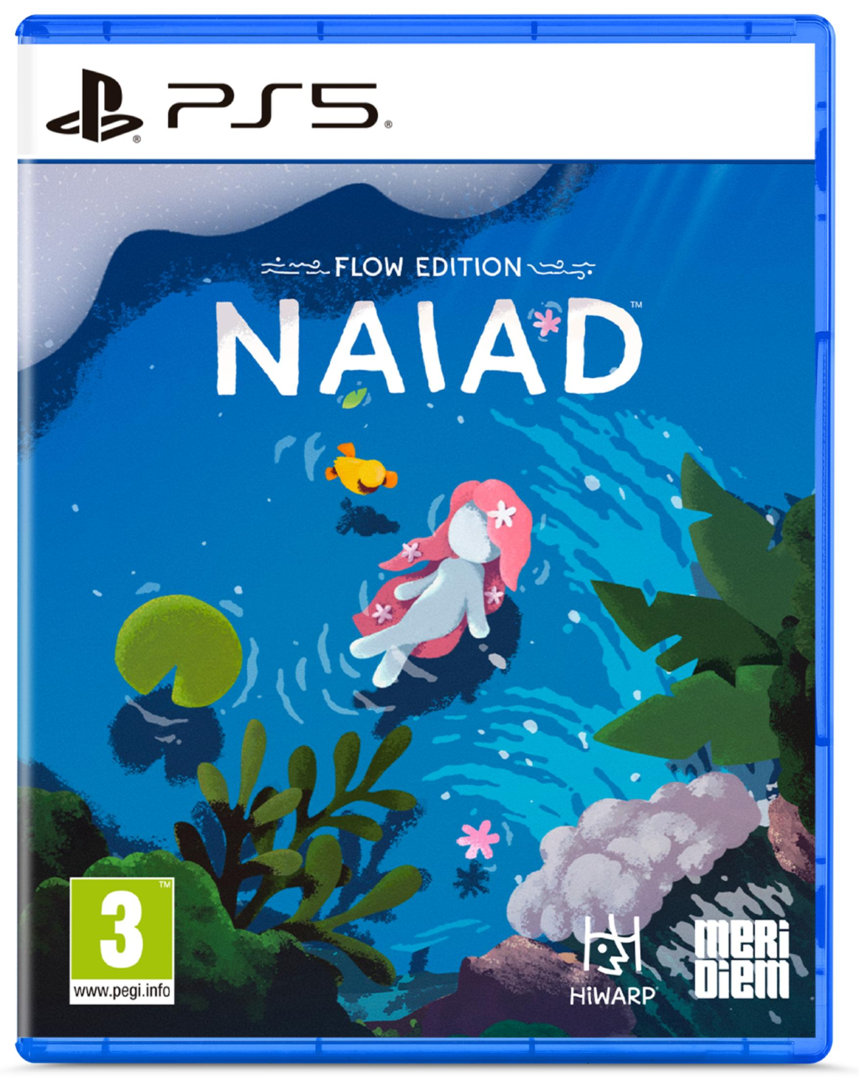 Copertina gioco PlayStation 5 con NAIAD. Una piccola figura nuota in acqua blu con pesci.