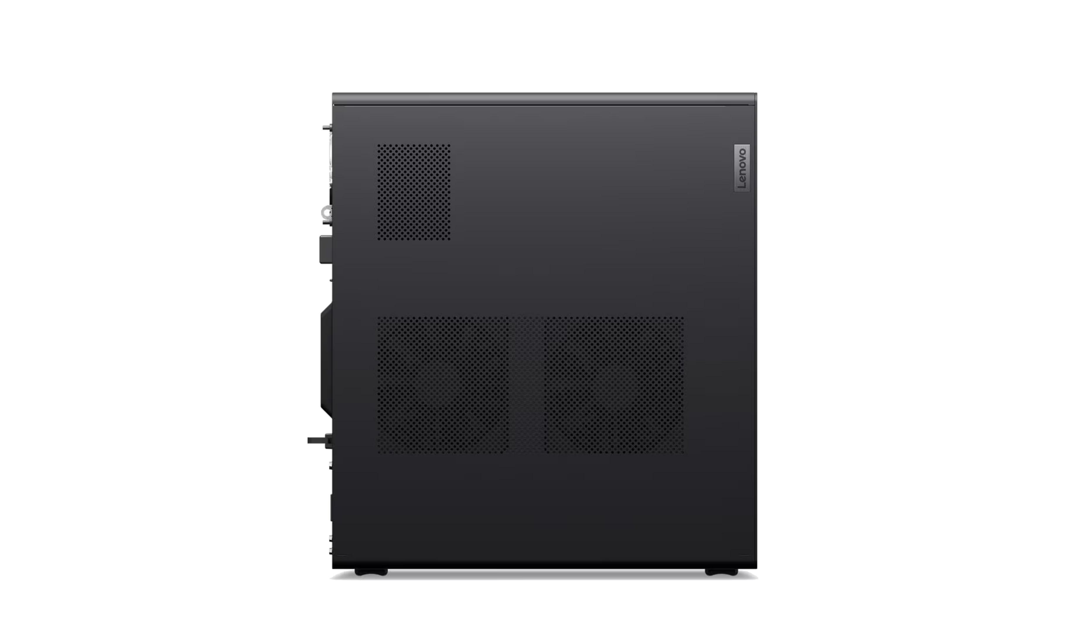 PC desktop Lenovo nero, vista laterale, con griglie di ventilazione.