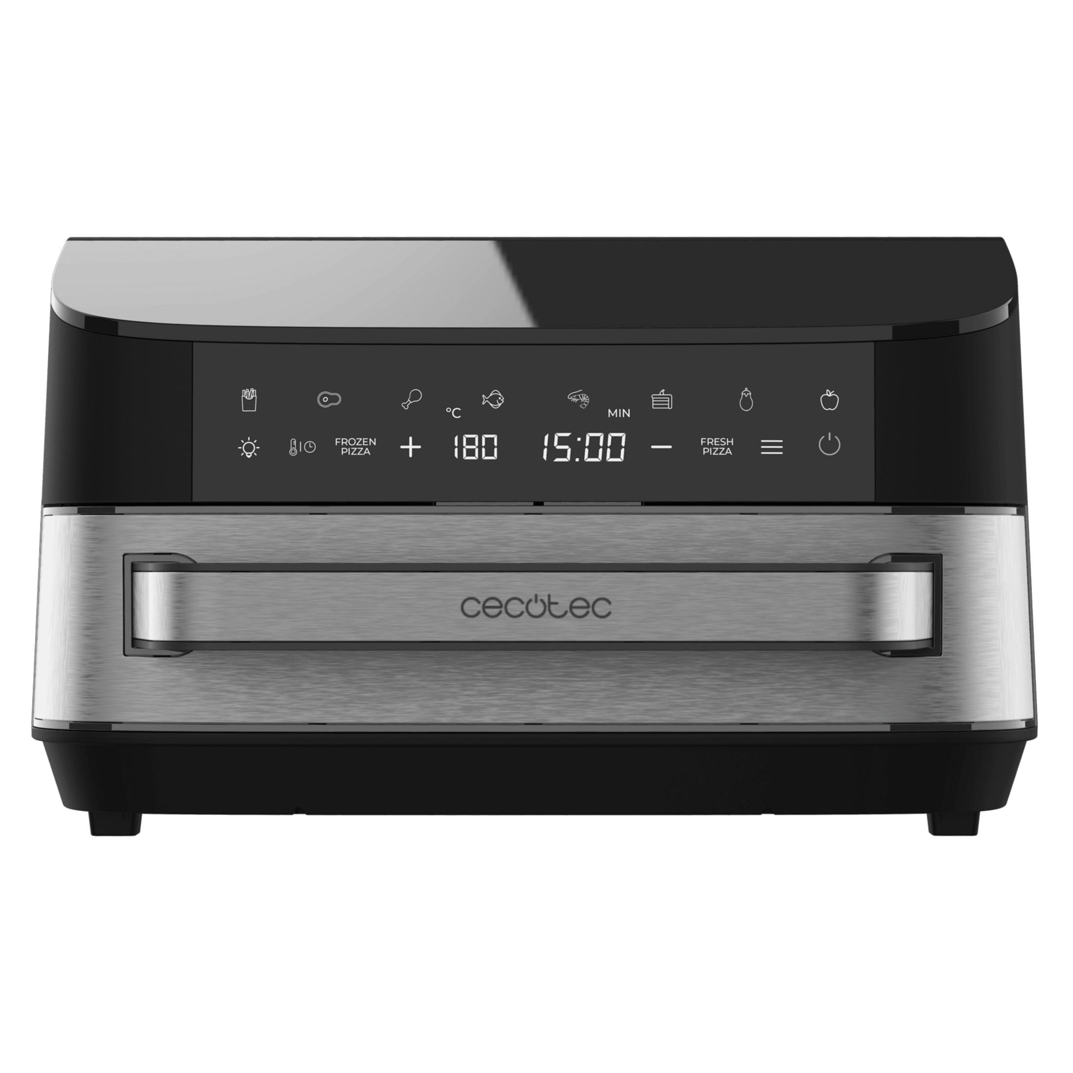 Un forno friggitrice ad aria nero con manico argentato e display digitale.