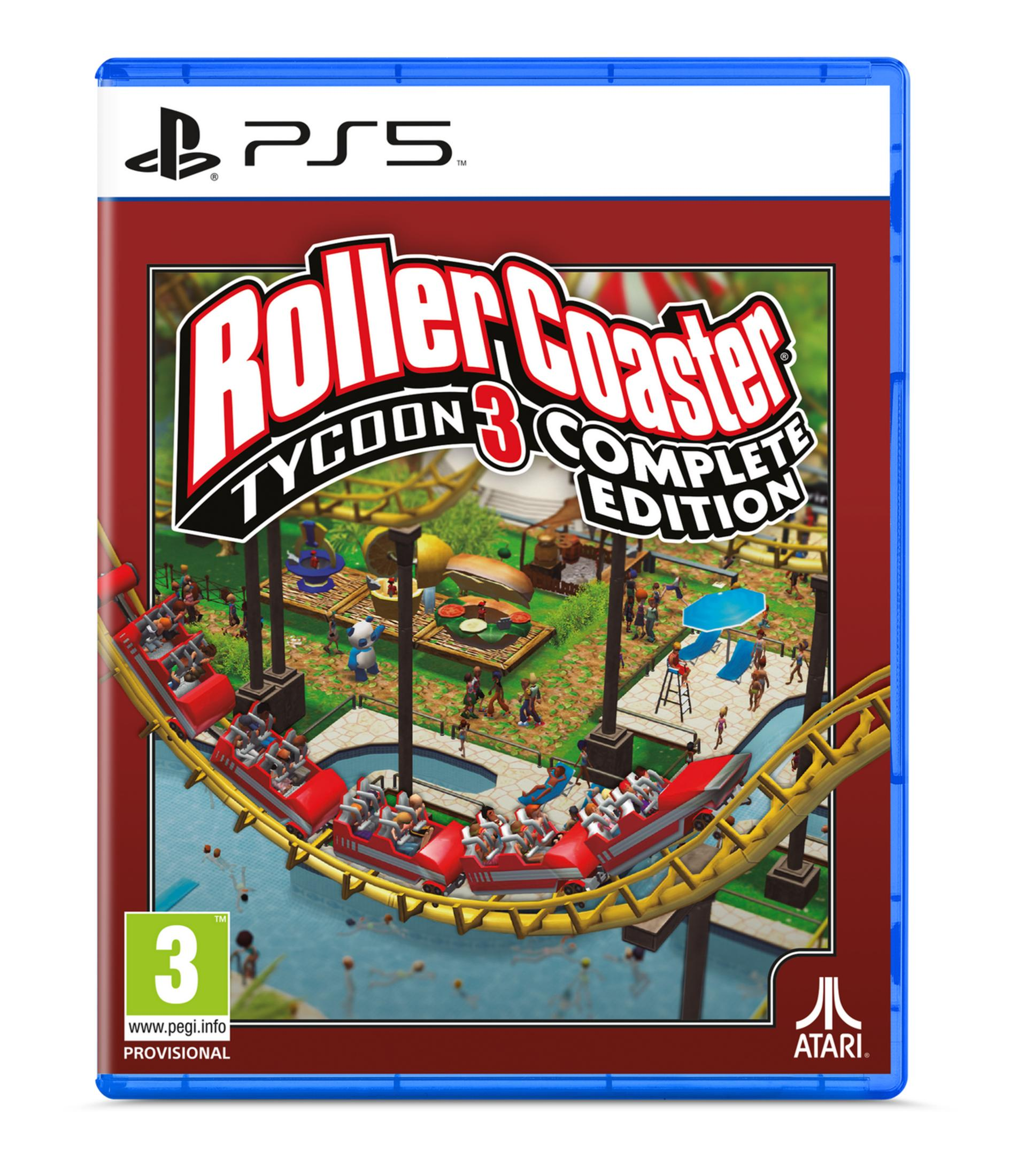 Custodia PS5 RollerCoaster Tycoon 3 Complete Edition con montagne russe e visitatori.