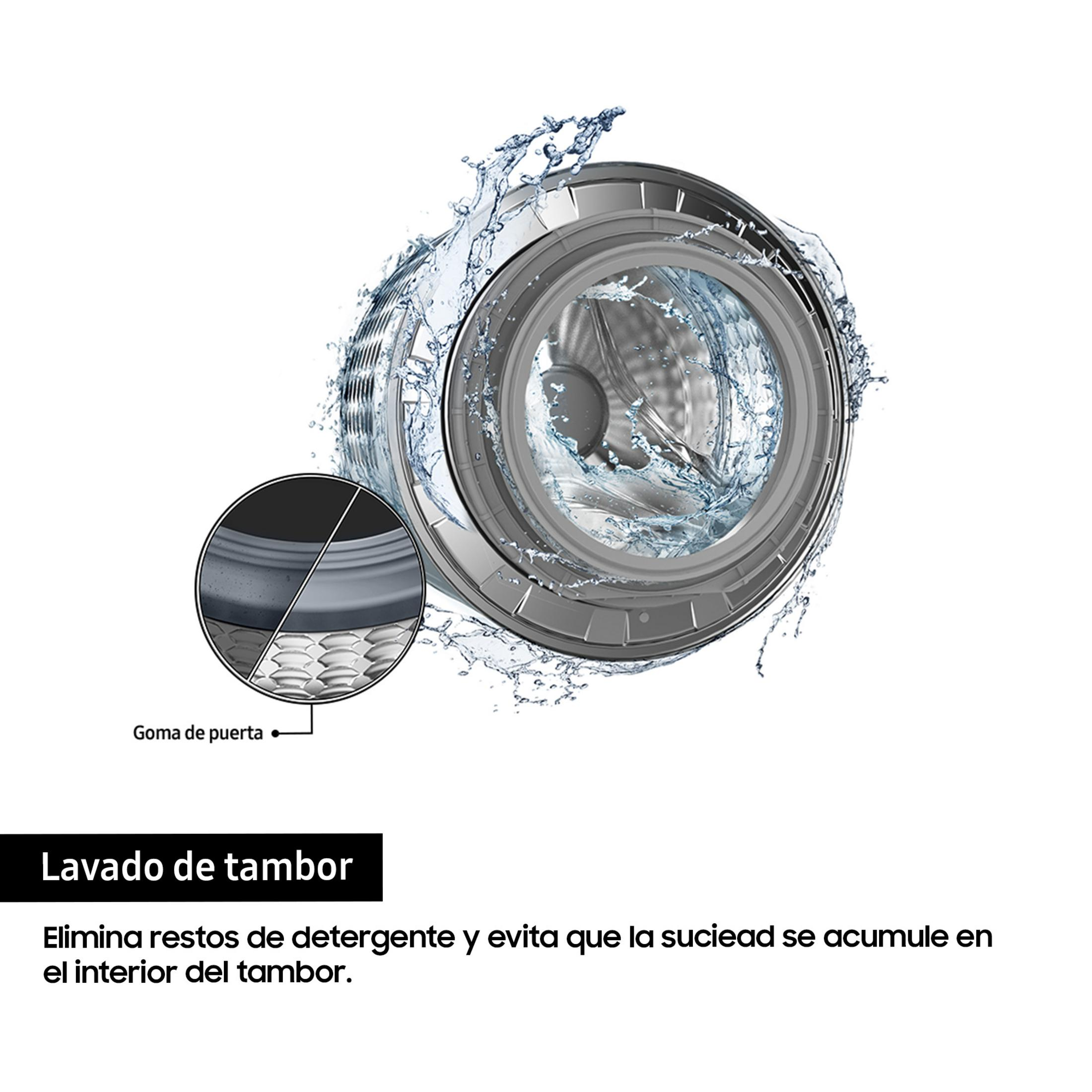 Primer plano del tambor de lavadora con agua salpicando.