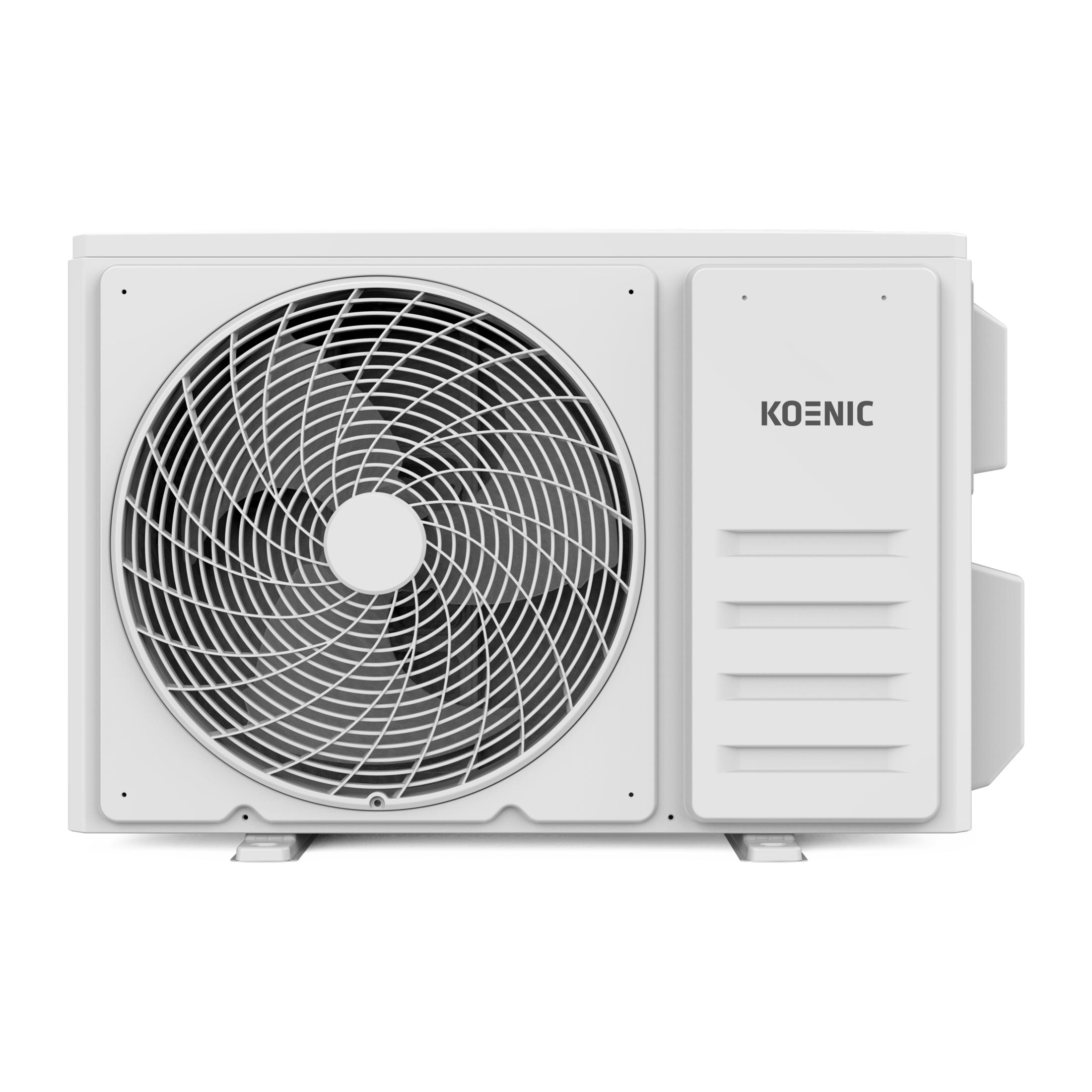 Una unidad exterior de aire acondicionado blanca con rejilla de ventilador y logo KOENIC.