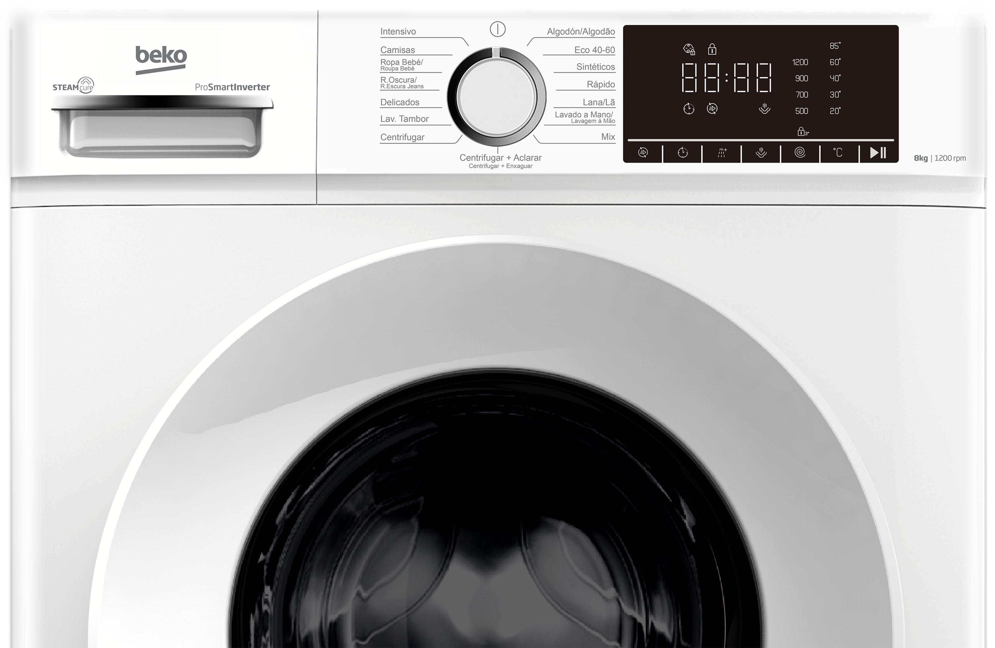 Lavadora Beko blanca con pantalla, dial de programas y puerta.