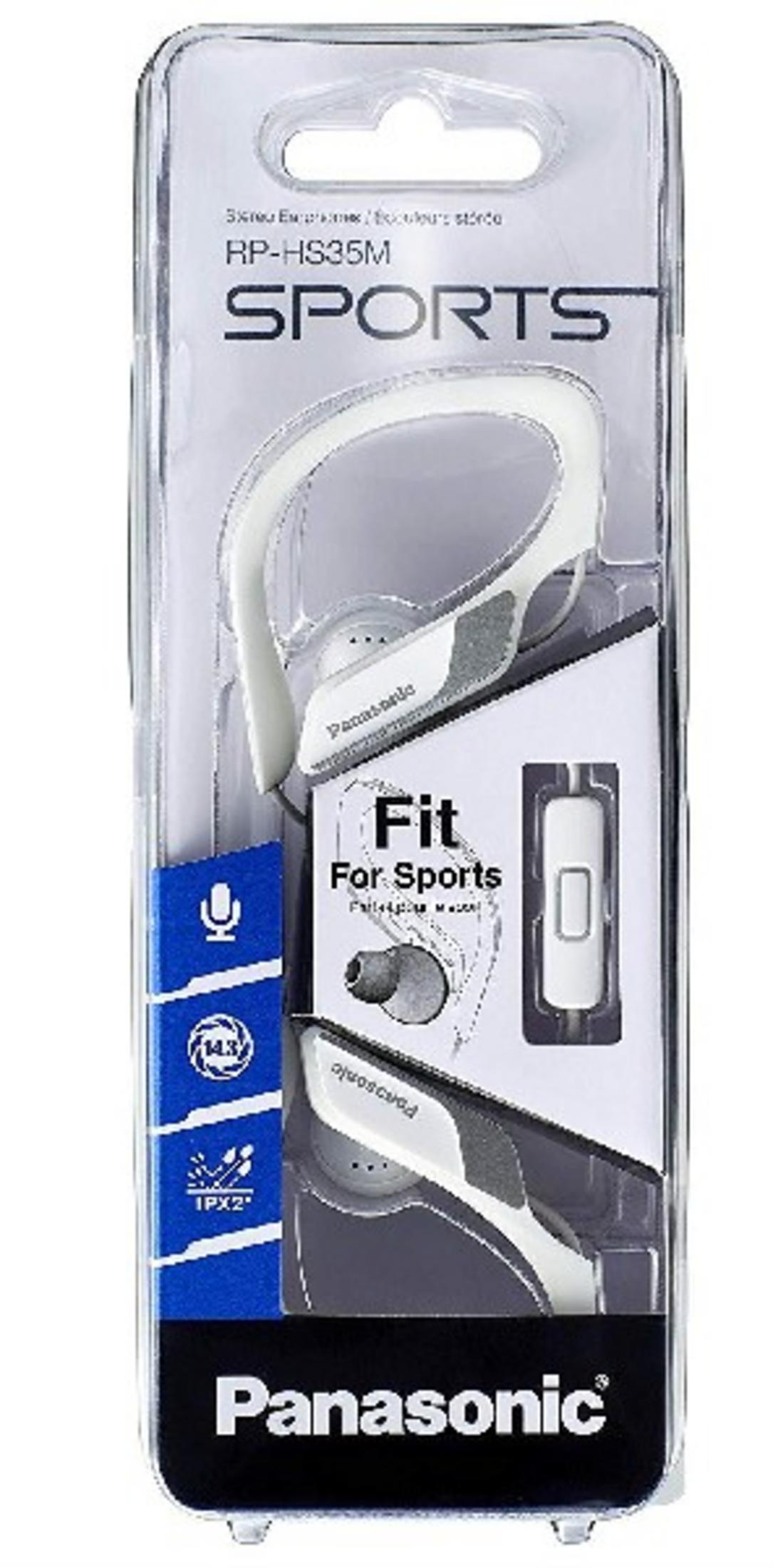 Auricolari sportivi Panasonic RP-HS35M in confezione. Bianco e grigio.