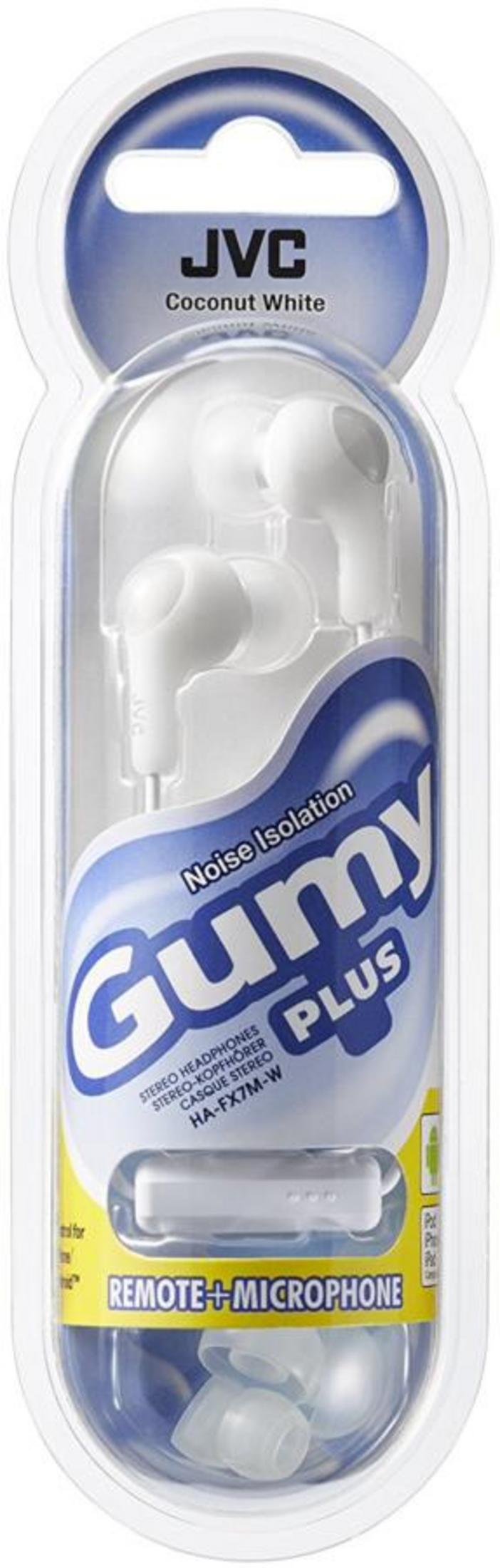 Auriculares blancos JVC Gumy Plus con control remoto y micrófono.