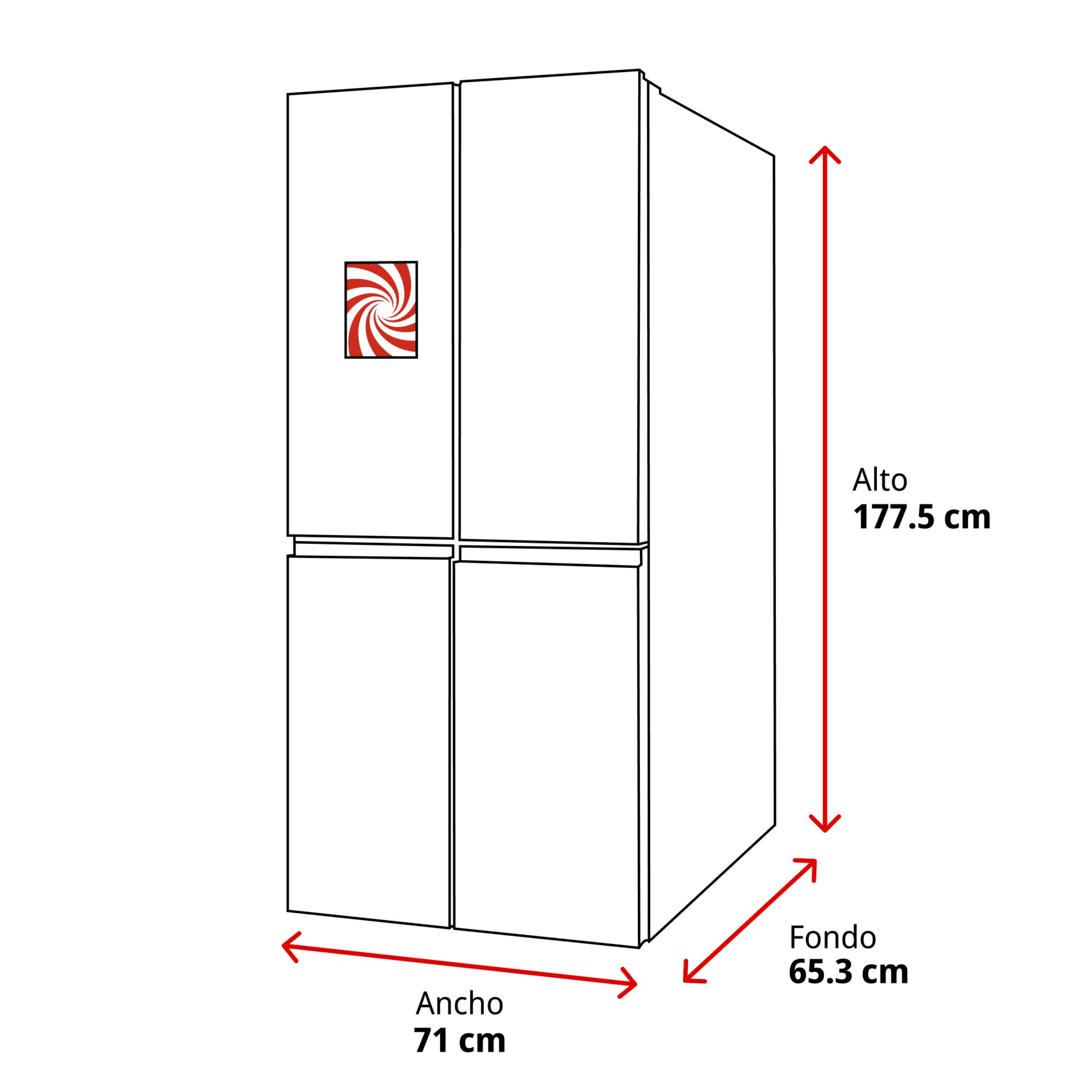 Frigorifero a quattro porte, alto 177,5 cm, largo 71 cm, profondo 65,3 cm.
