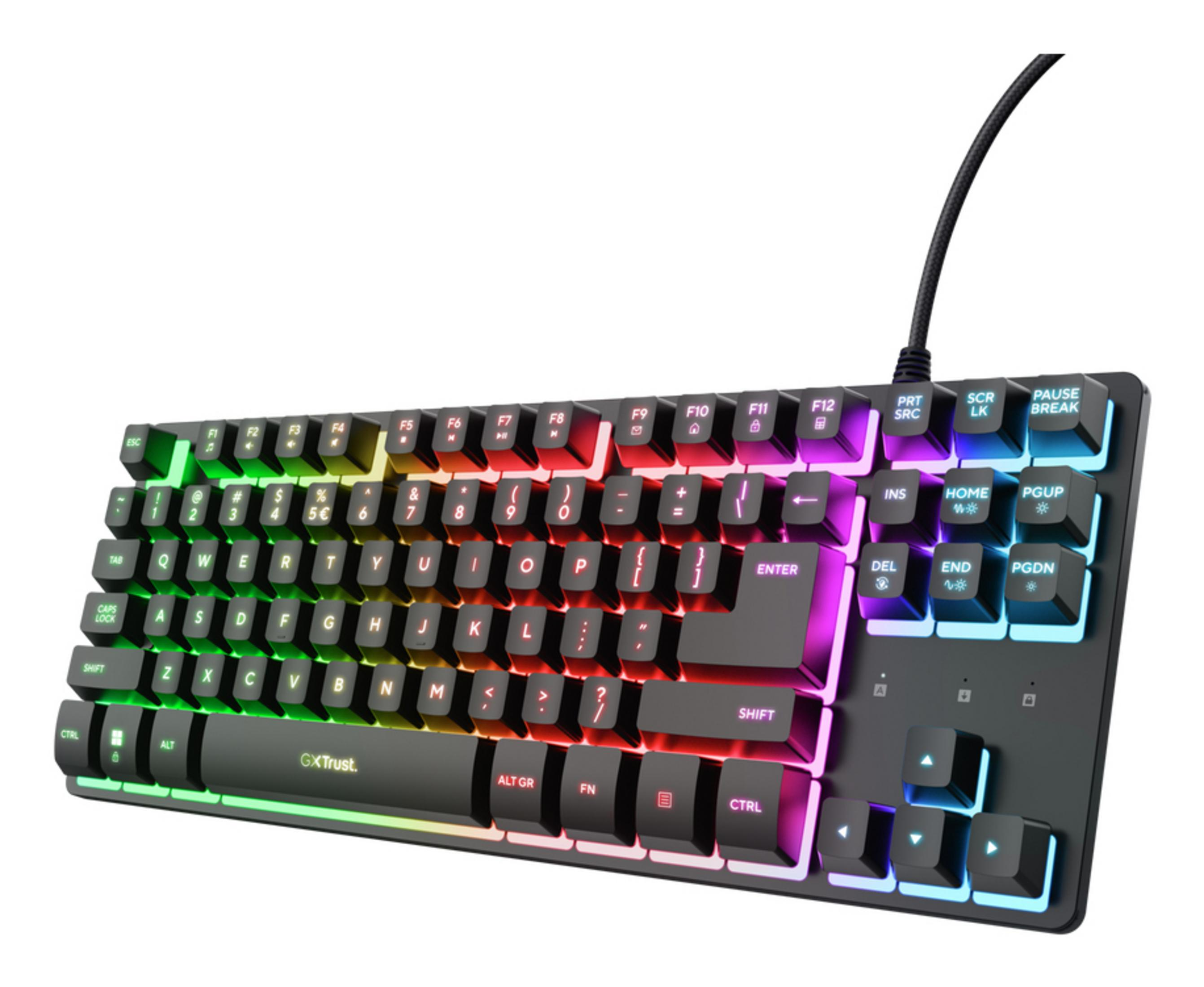 Una tastiera GX Trust nera con retroilluminazione RGB colorata, vista angolata.