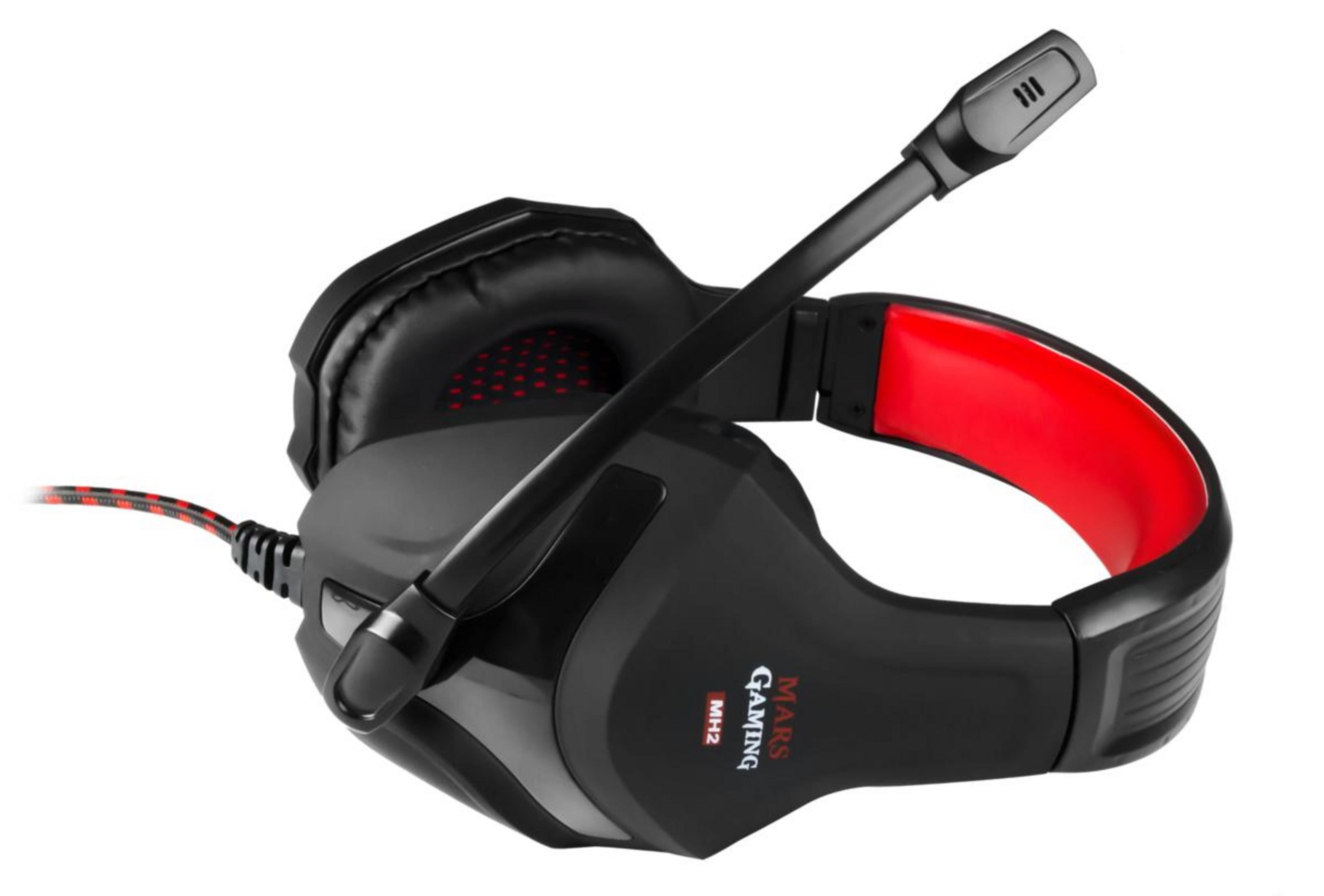Cuffie da gaming nere con fodera rossa e microfono.
