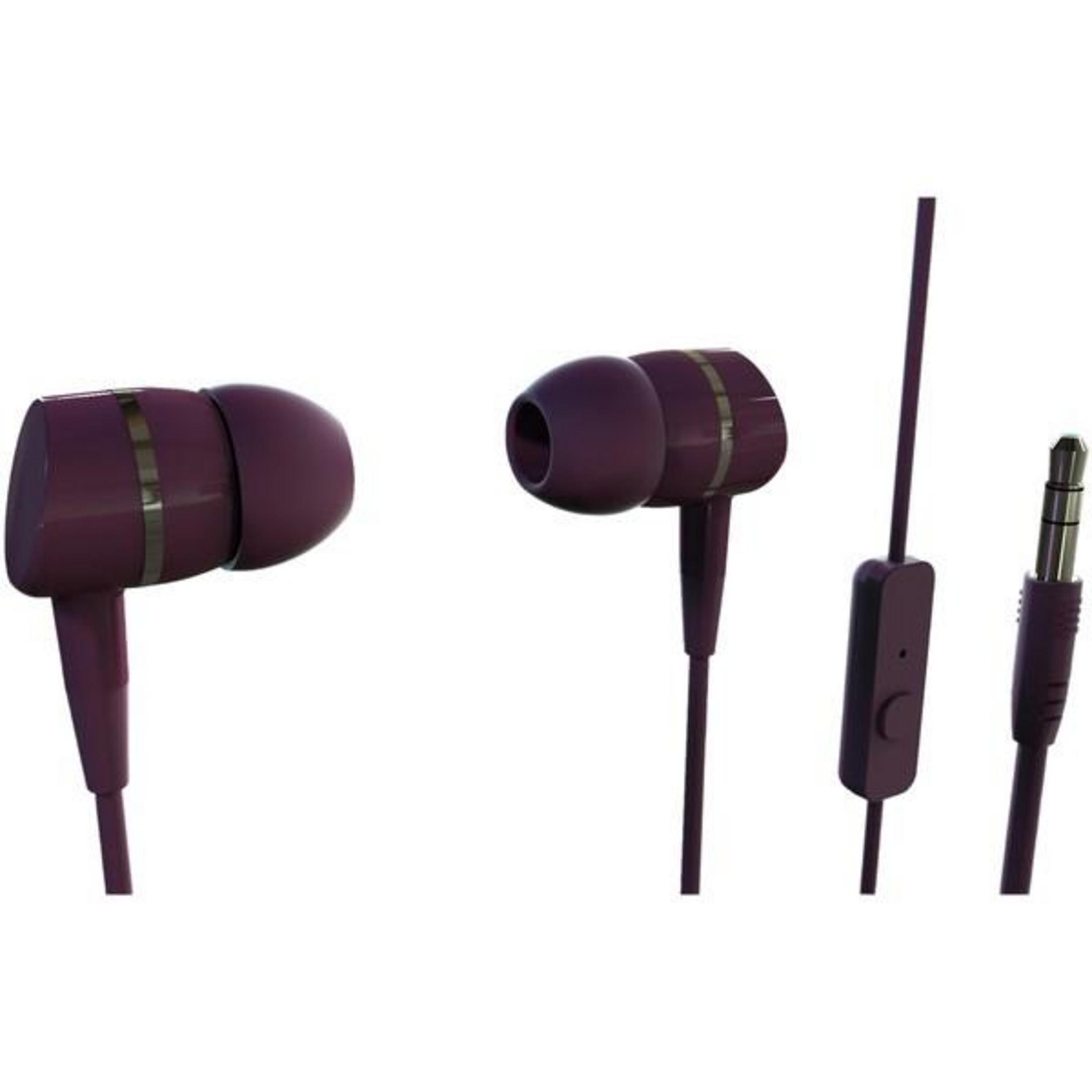 Auriculares morados oscuros intrauditivos con detalles plateados y clavija jack.